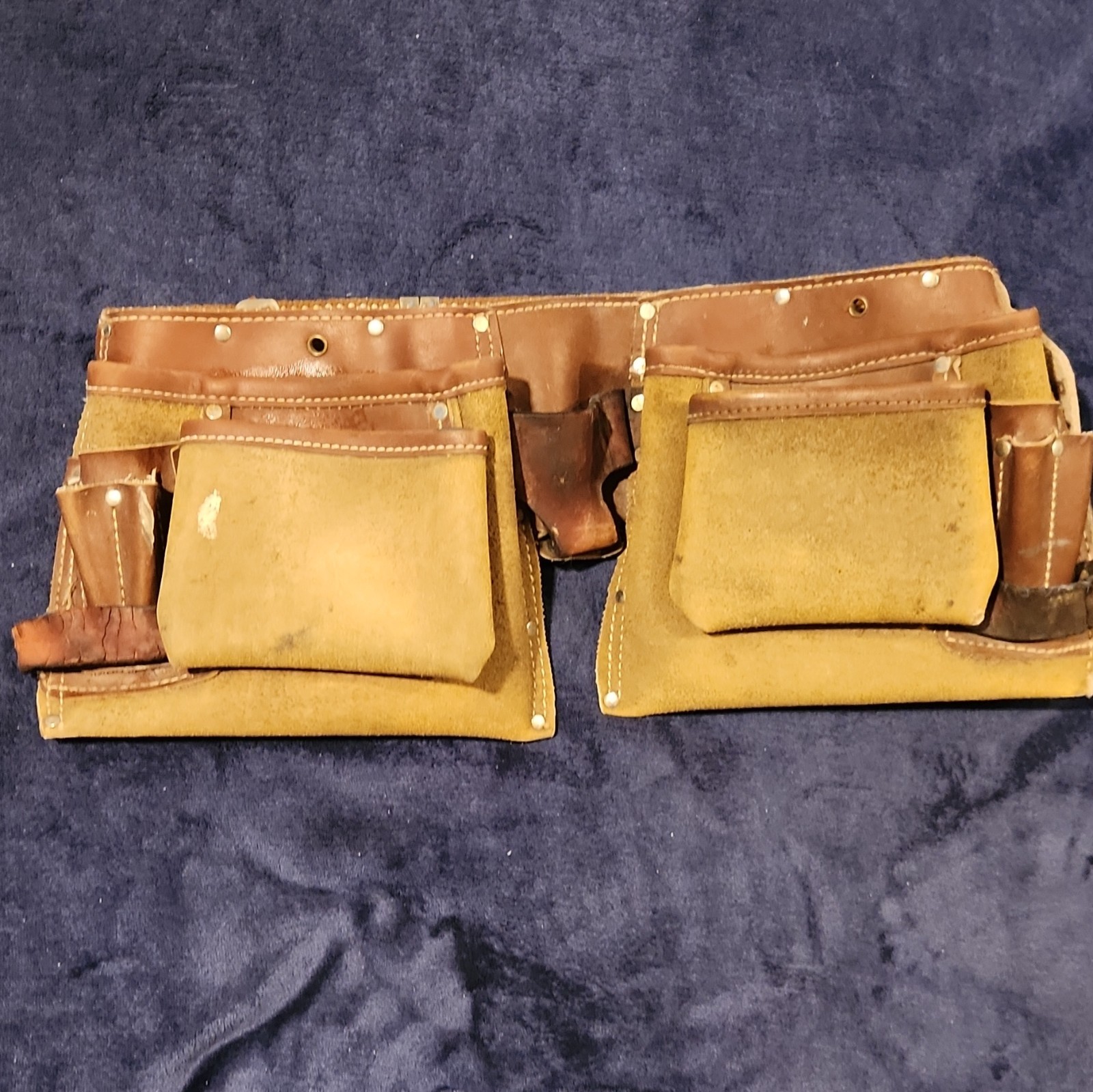Brown/Tan Leather Tool Belt with Dual Pouches, Adjustable Web Belt, 1pc