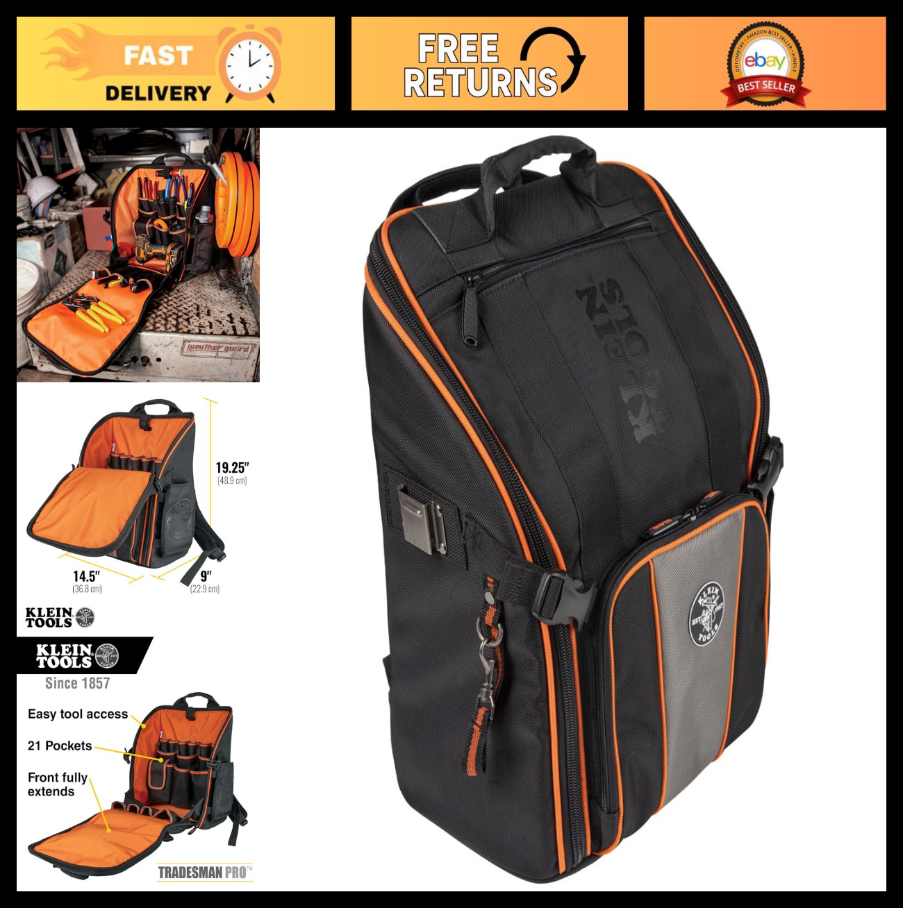 Heavy Duty Tool Bag Backpack, 21 Pocket Organizer, Water Resistant Tradesman Pro