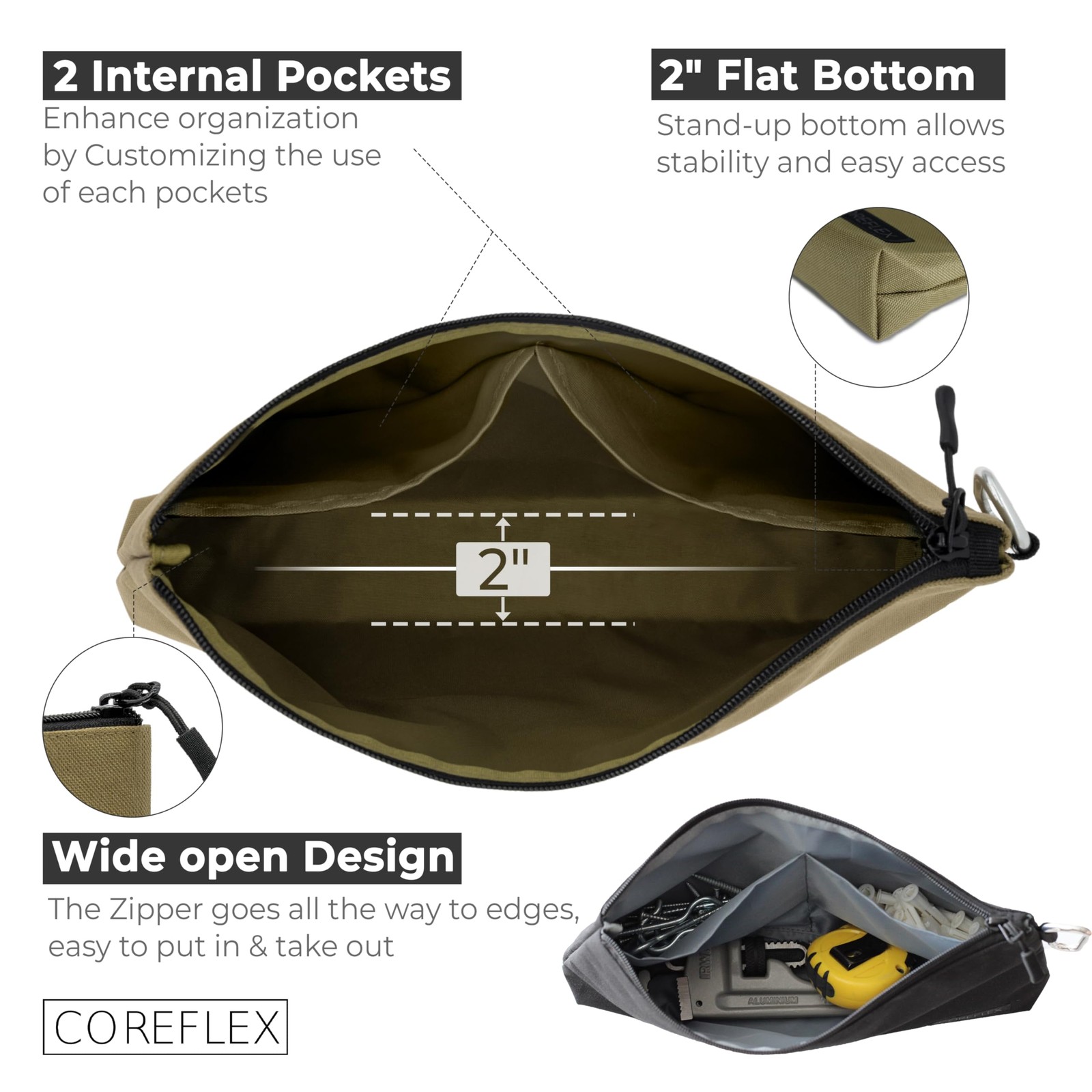 2 Pack Premium Tool Pouch Zipper Bag with internal pockets, 12inch Tool Bag