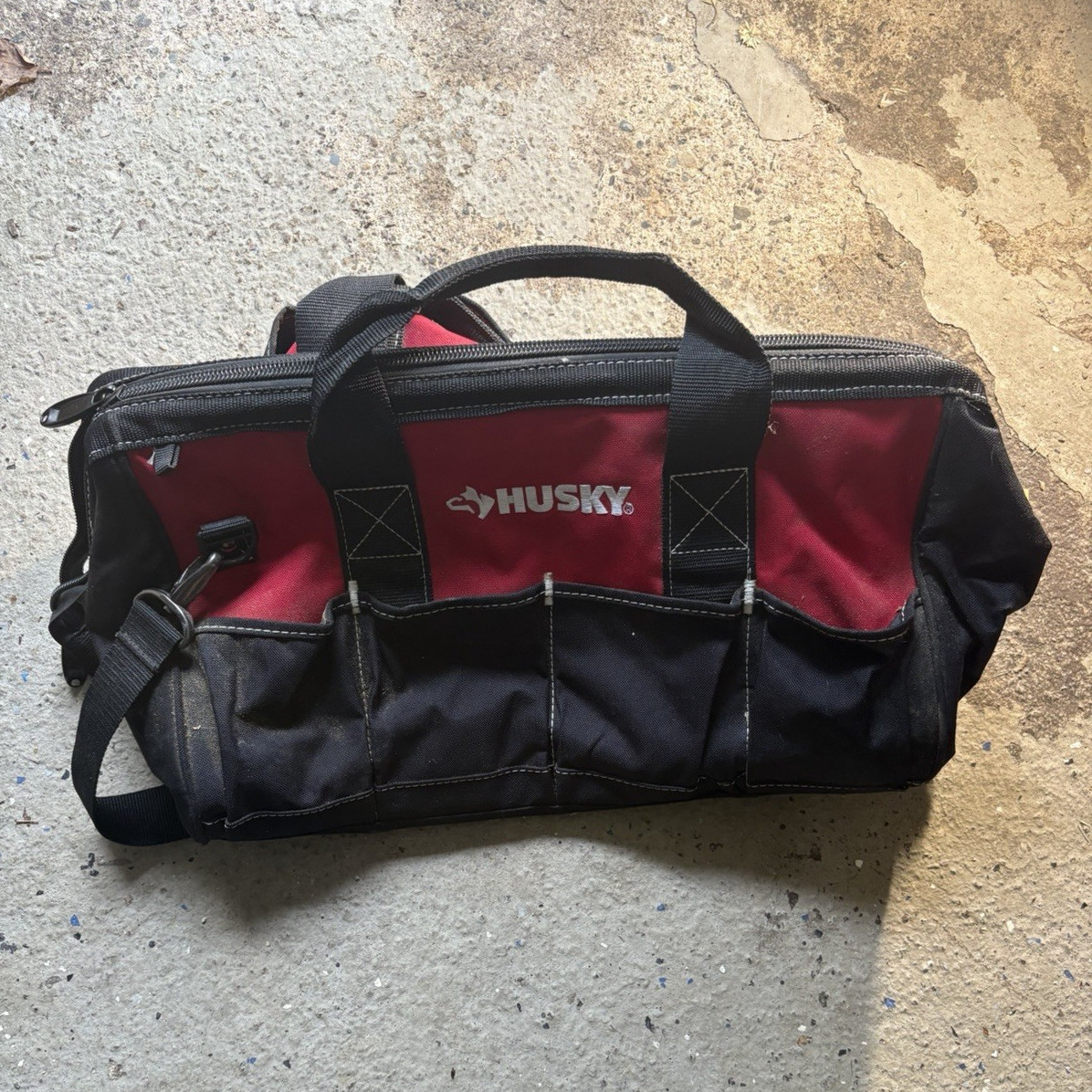 Husky Black/Red Tool Bag w/ Zipper Closure, Shoulder Strap & Handle