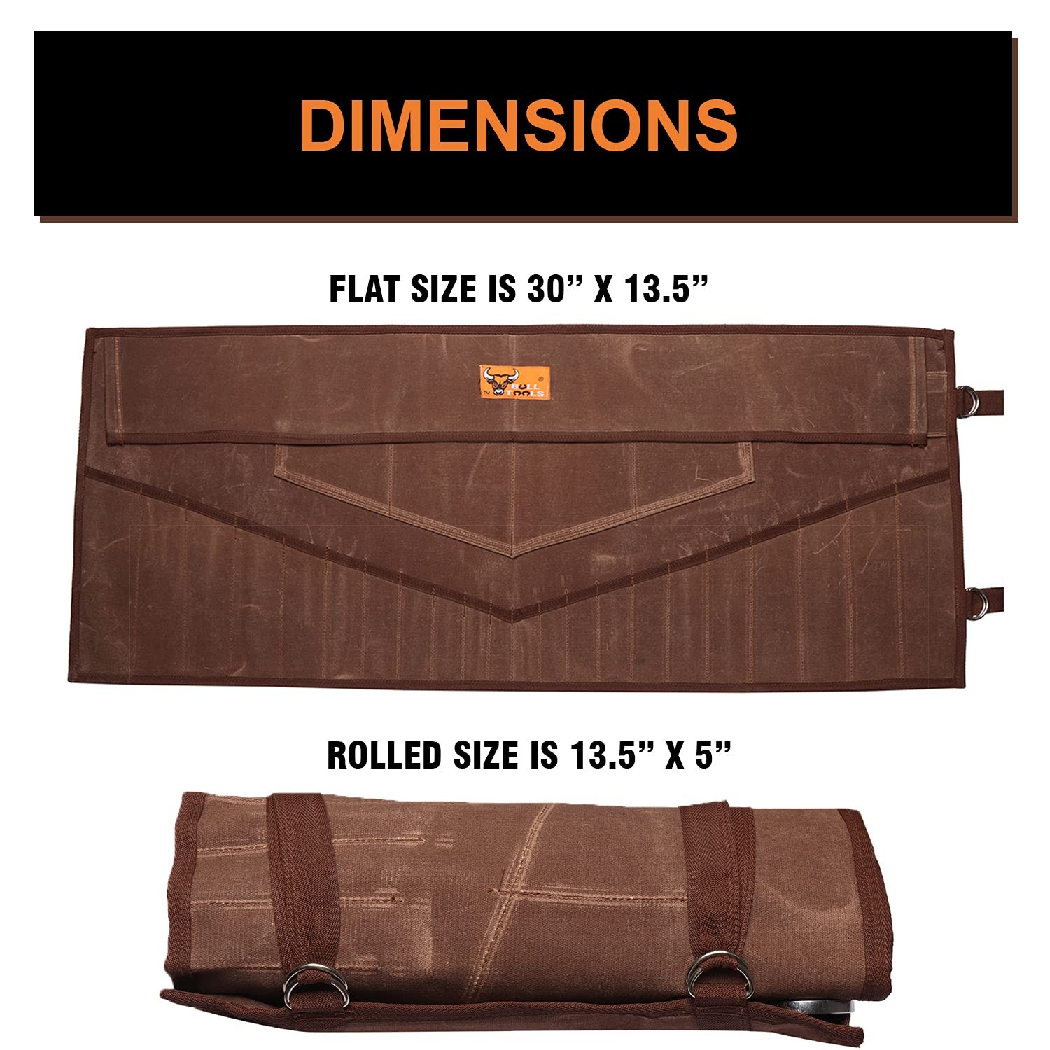BULL TOOLS 26 Pocket Wrench Organizer Roll-Up Waxed Canvas, Cinnamon Brown