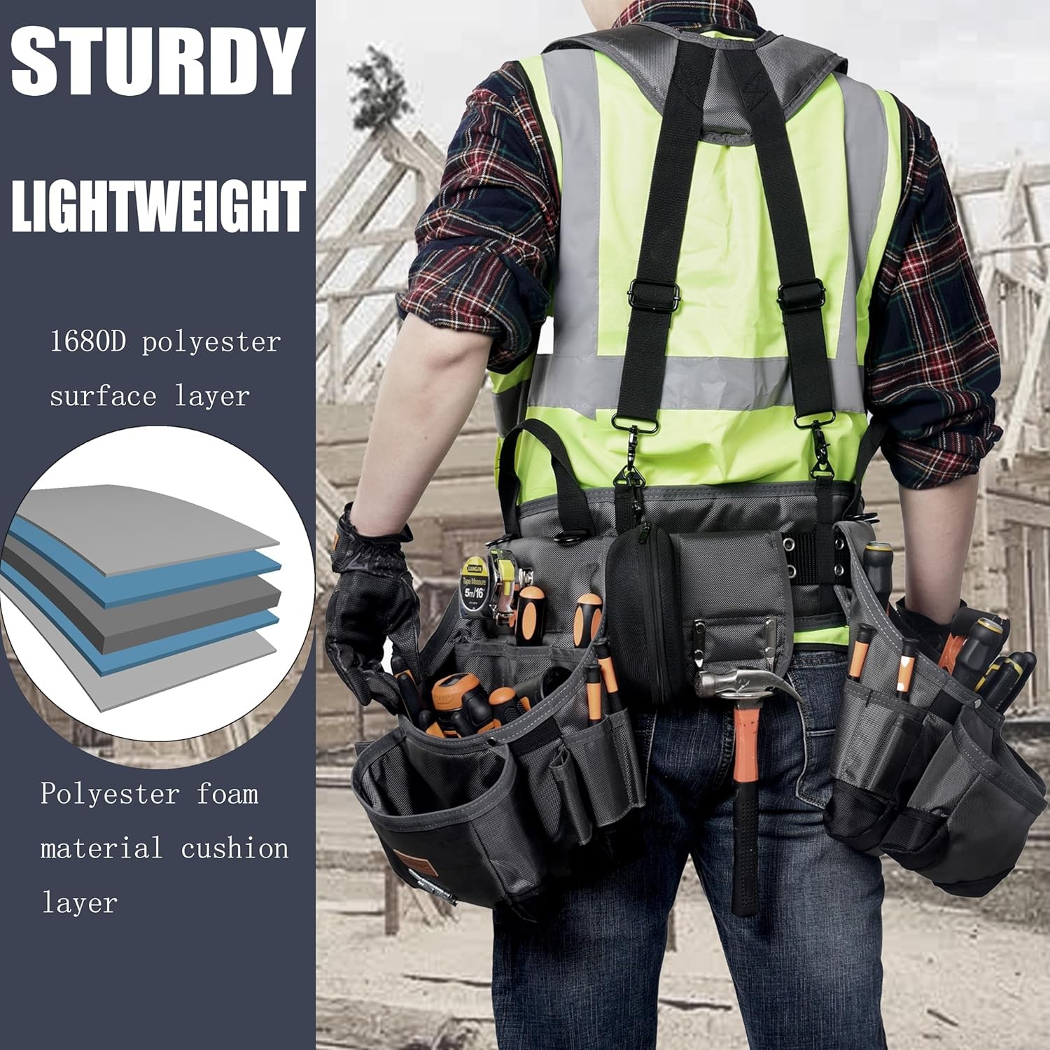 Tool belt, men’s tool belt with suspenders and magnetic tool pouches.