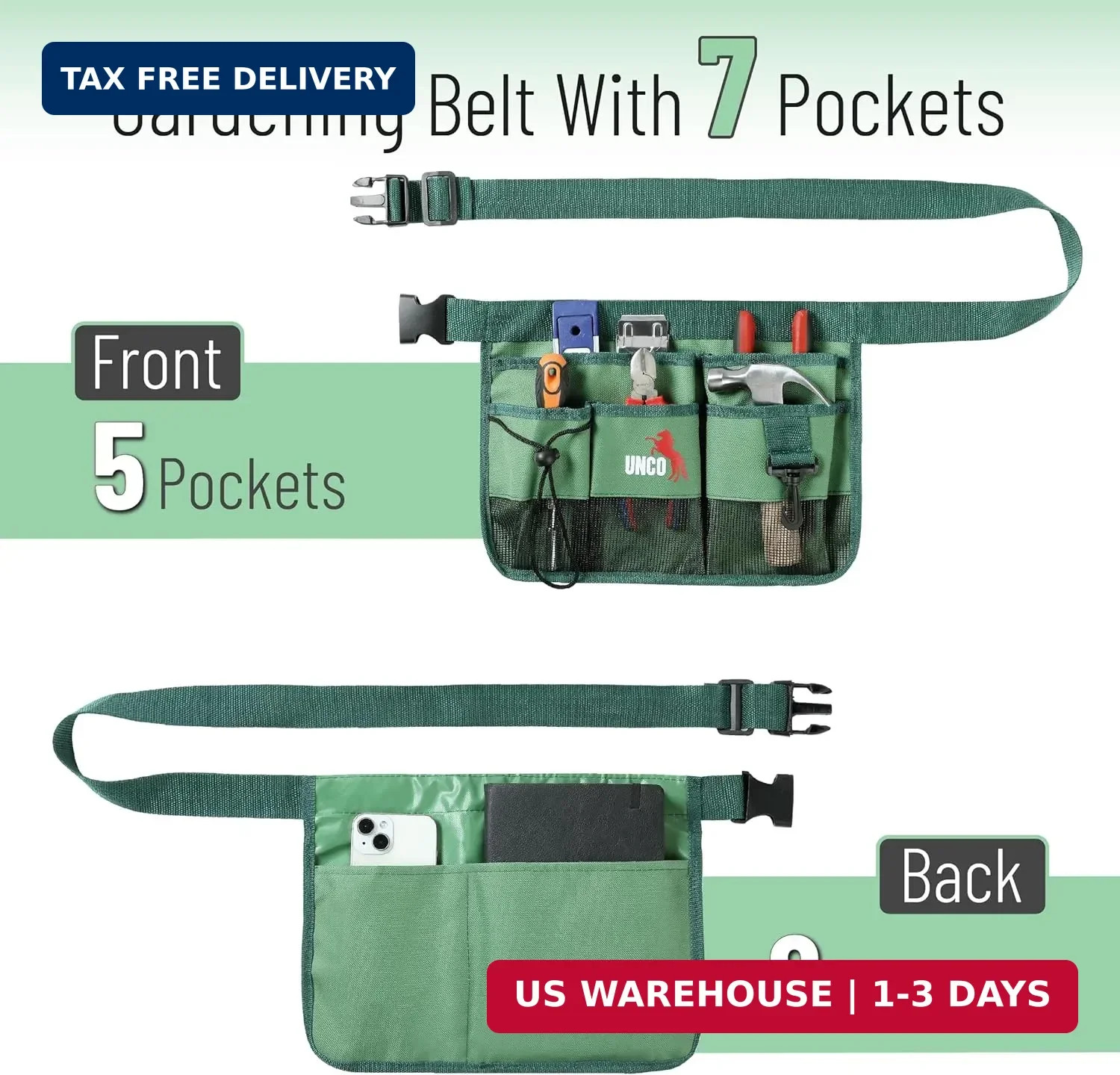 UNCO- Adjustable Gardening Belt, Green, 7 Pockets, Wear, Cut and Water Resistant