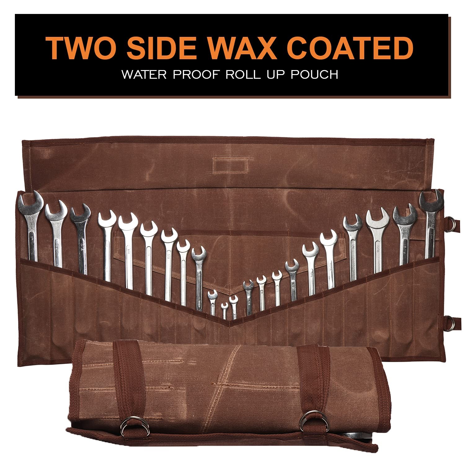 BULL TOOLS 26 Pocket Wrench Organizer Roll-Up Waxed Canvas, Cinnamon Brown