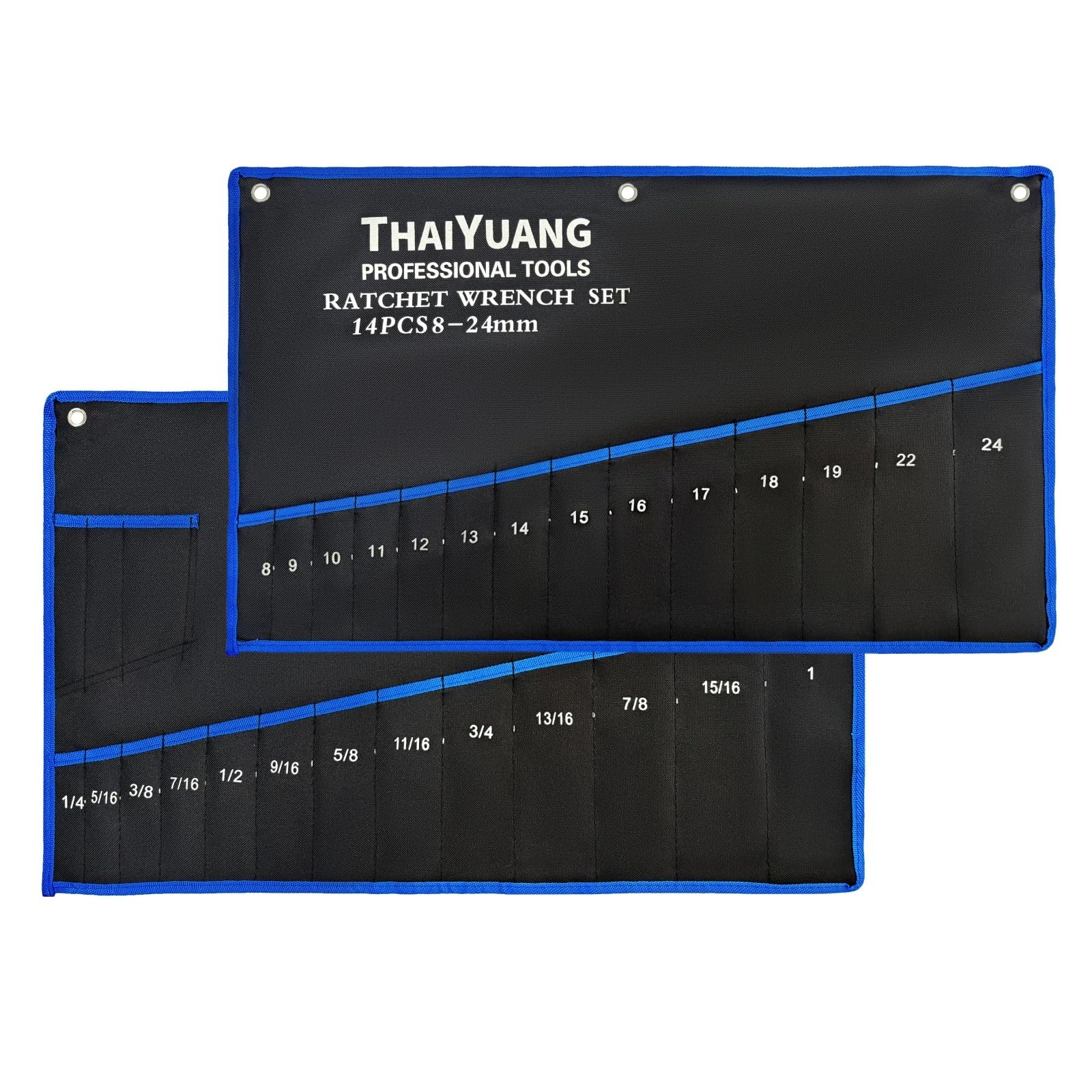 THAIYUANG 2-Pieces Wrench Roll Up 14pockets Metric+ 13pockets SAE, Black