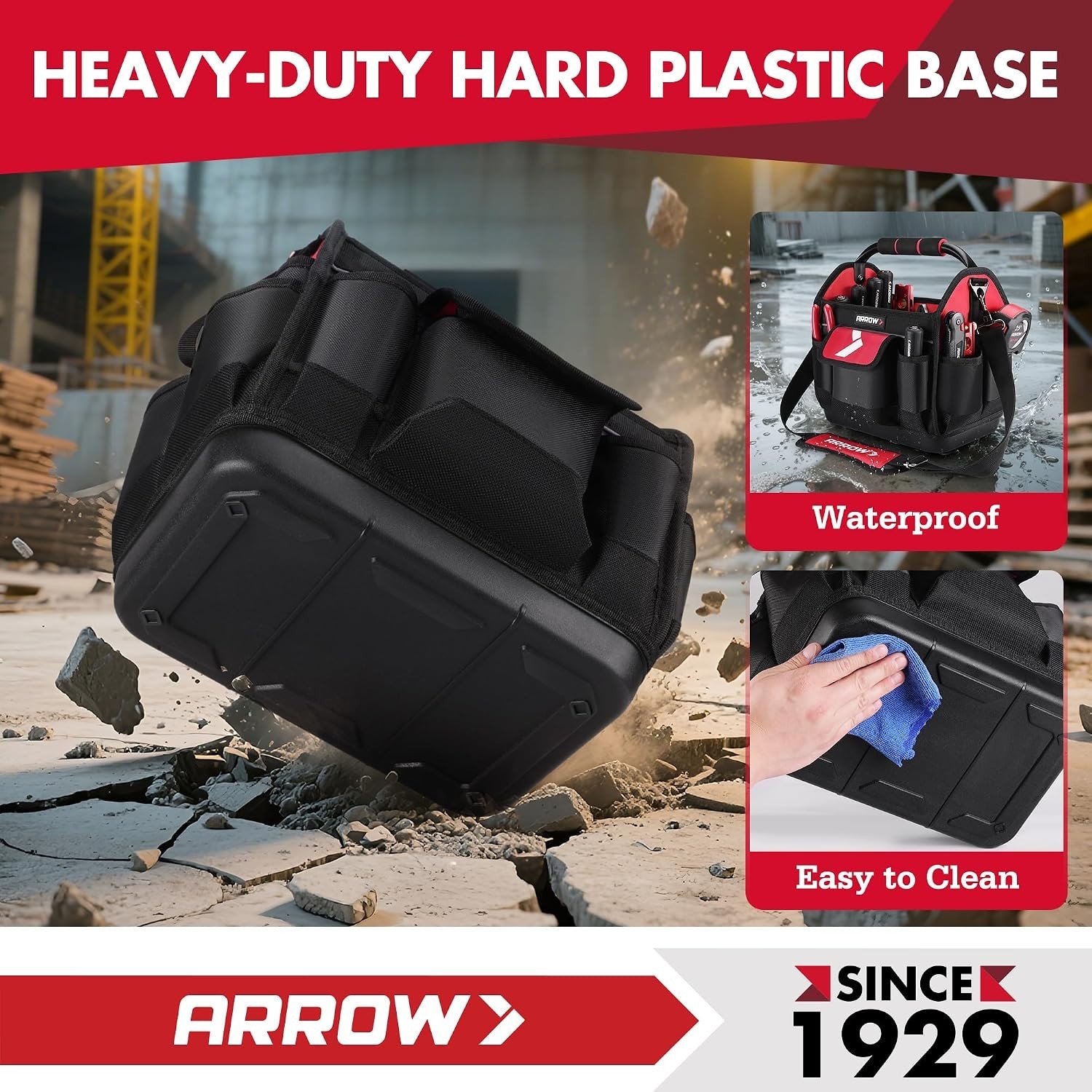 Compact ARROW 12″ Tool Bag with Waterproof Hard Base – Ideal for Plumbers & HVAC