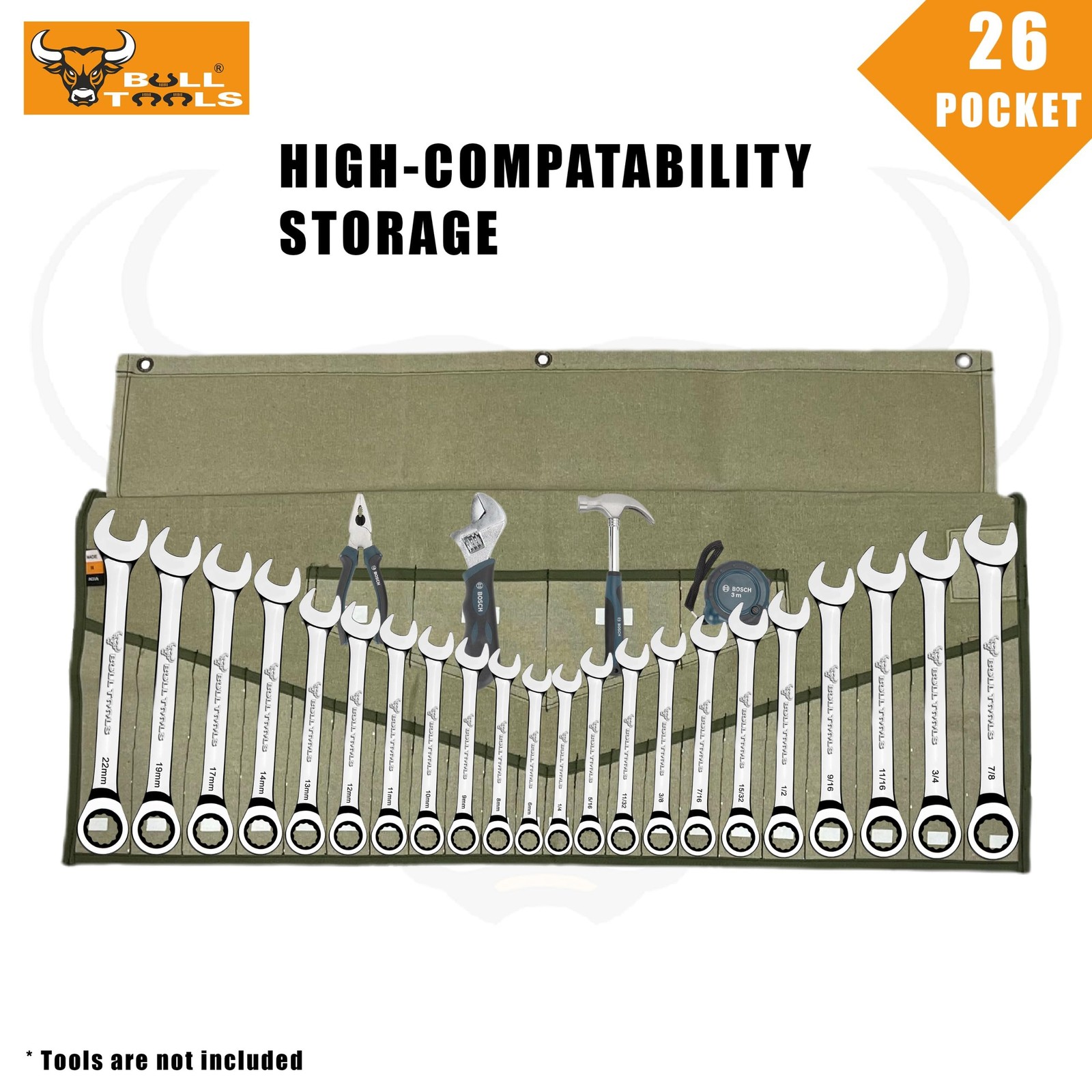 BULL TOOLS Tool Roll Organizer with 26 26 Pocket, Sand Washed Olive Drab