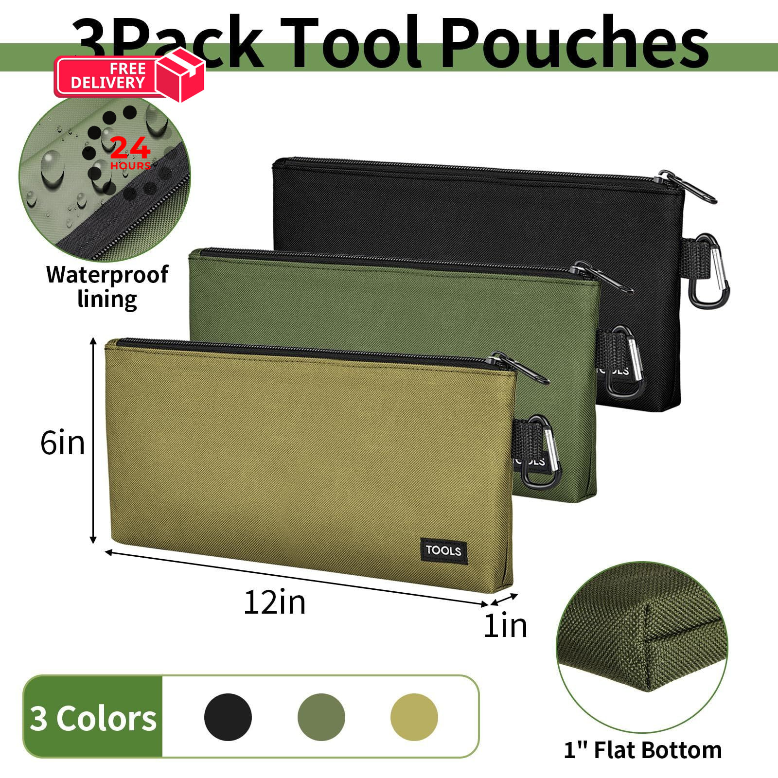 3 Pcs Zipper Tool Pouches, 12 Inch Flat Bottom Utility Bags 12″, Multicolored