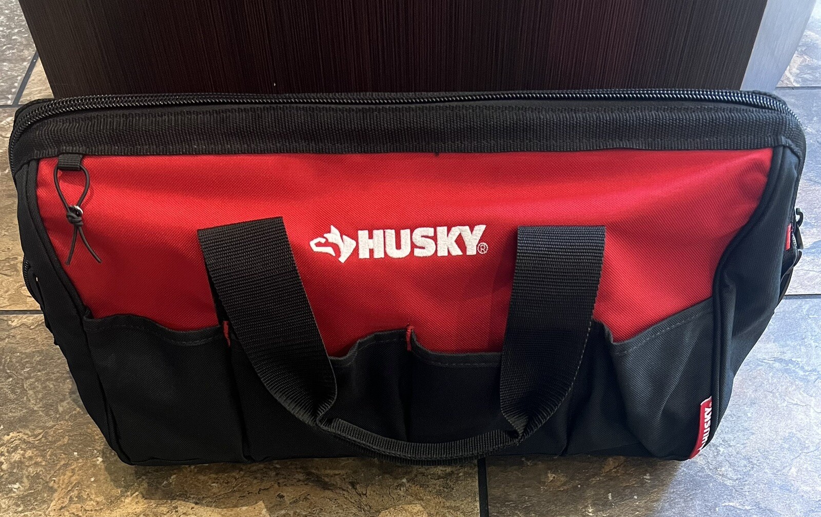 Husky Tool Bag 18in. 14-Pockets One-Zipper Top Wide Mouth Polyester Red/Black