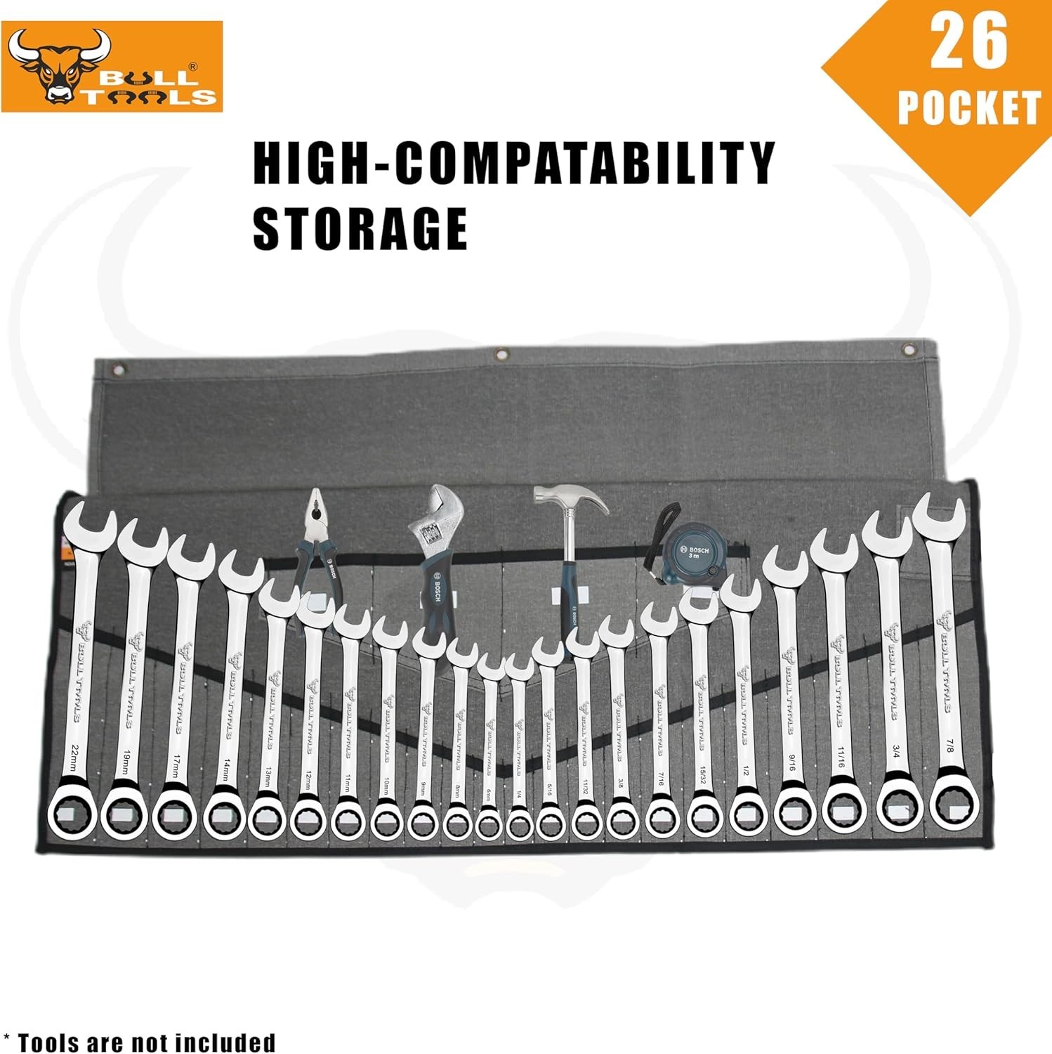 Heavy-Duty Cotton Canvas Tool Roll 26 Pockets Organizer for Mechanic SAE Metric