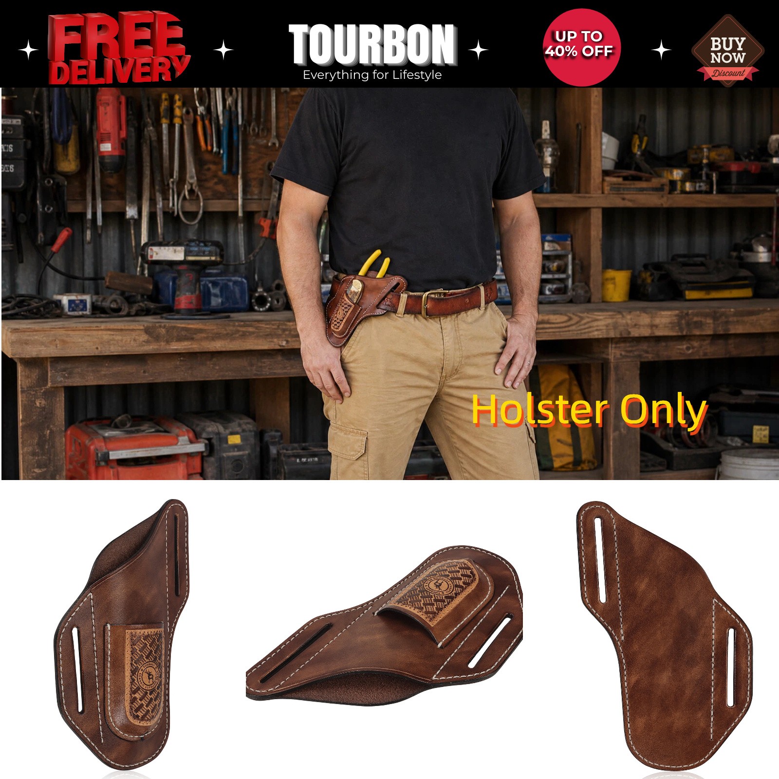 TOURBON Leather 2-in-1 Tool Pouch Folding Knife/Pliers Pocket Belt on Holster