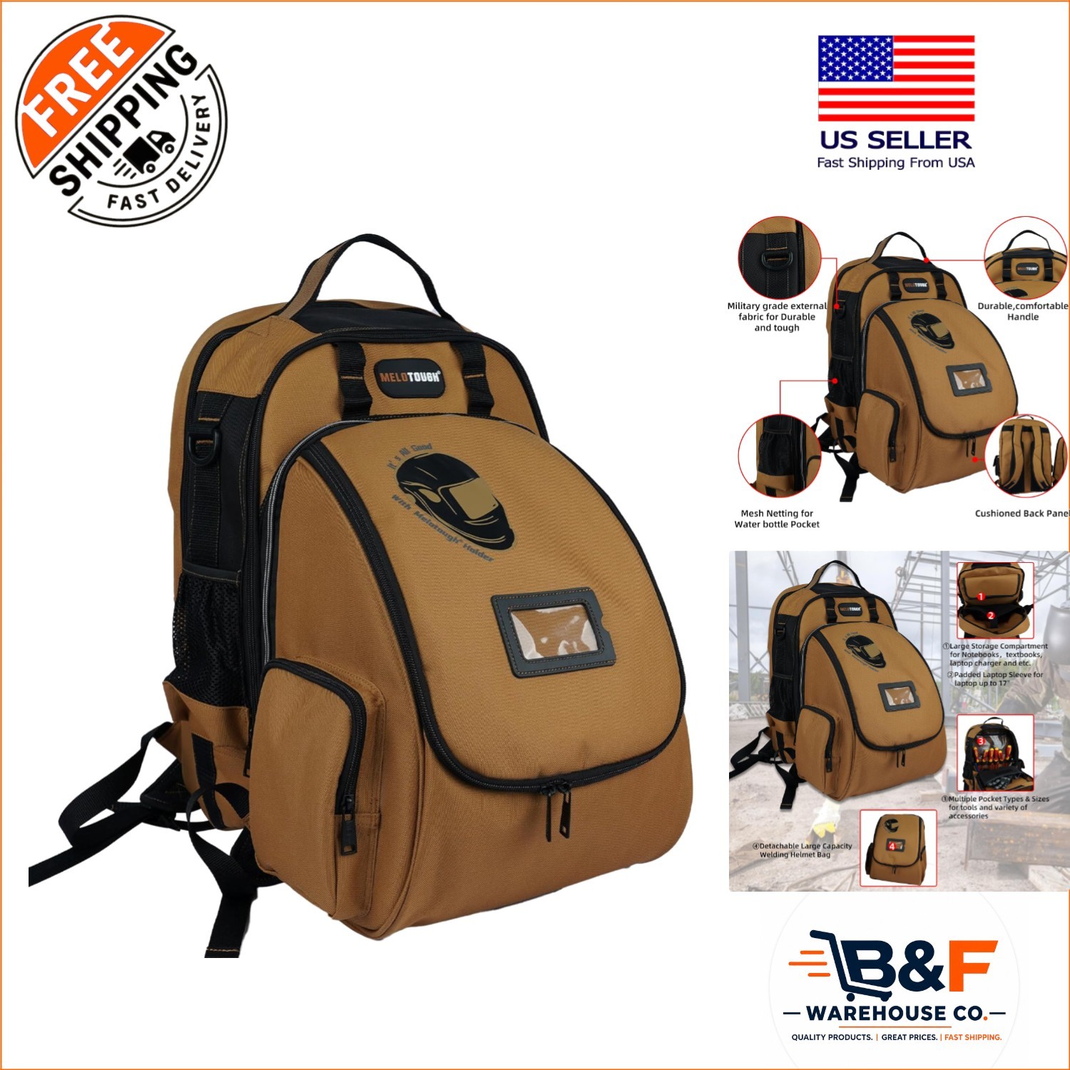 Military-Grade Welding Tool Backpack with Large Capacity Helmet Bag in Brown