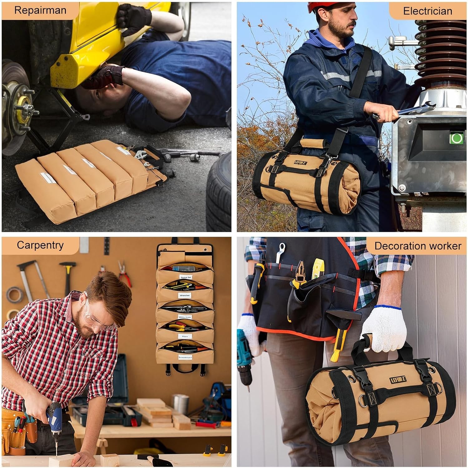 Roll Up Tool Bag with Reinforced Stitching and Scratch-Resistant Fabric