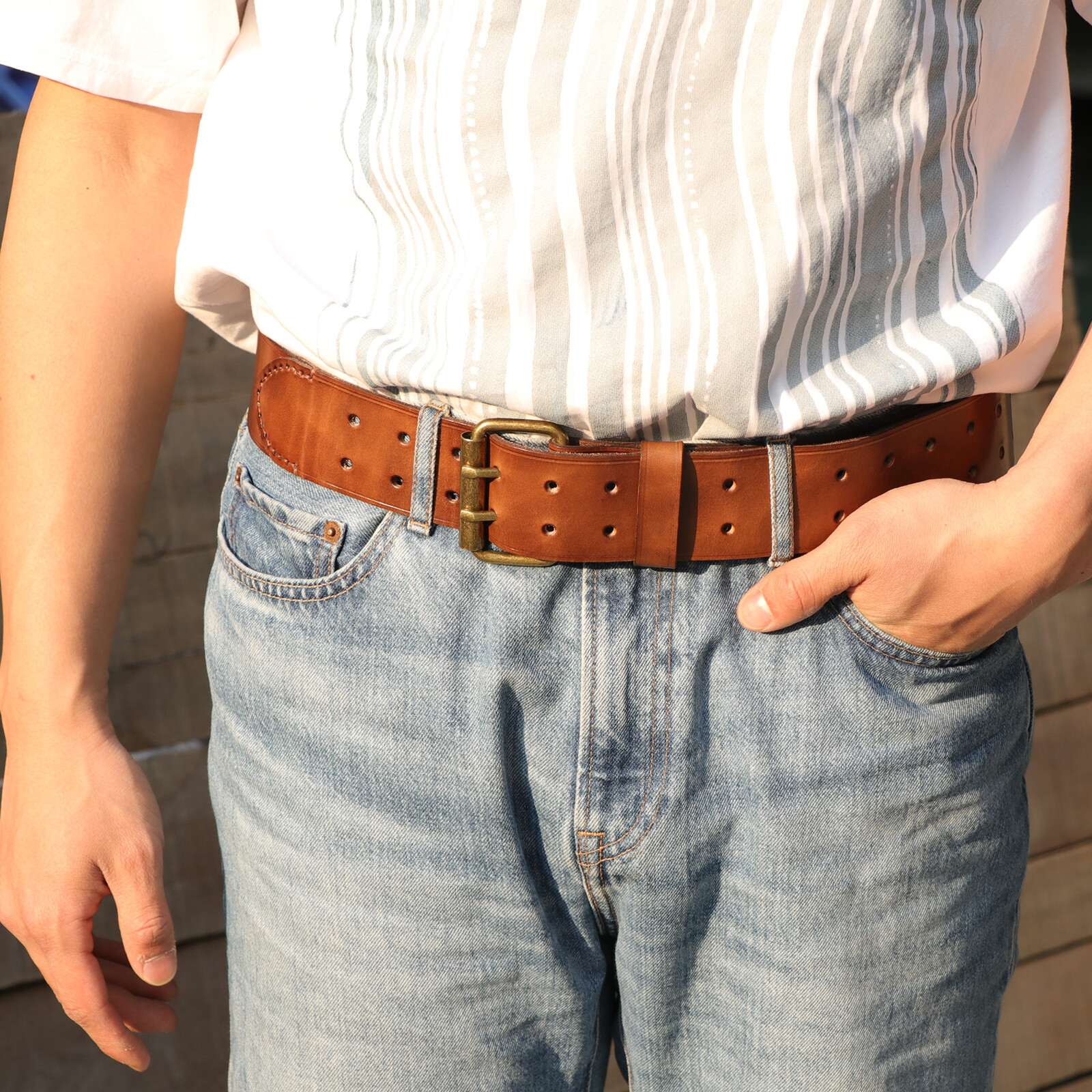 TOURBON Leather Tool Carrying Work Belt 2in Wide Rig Belt Double Roller Buckle