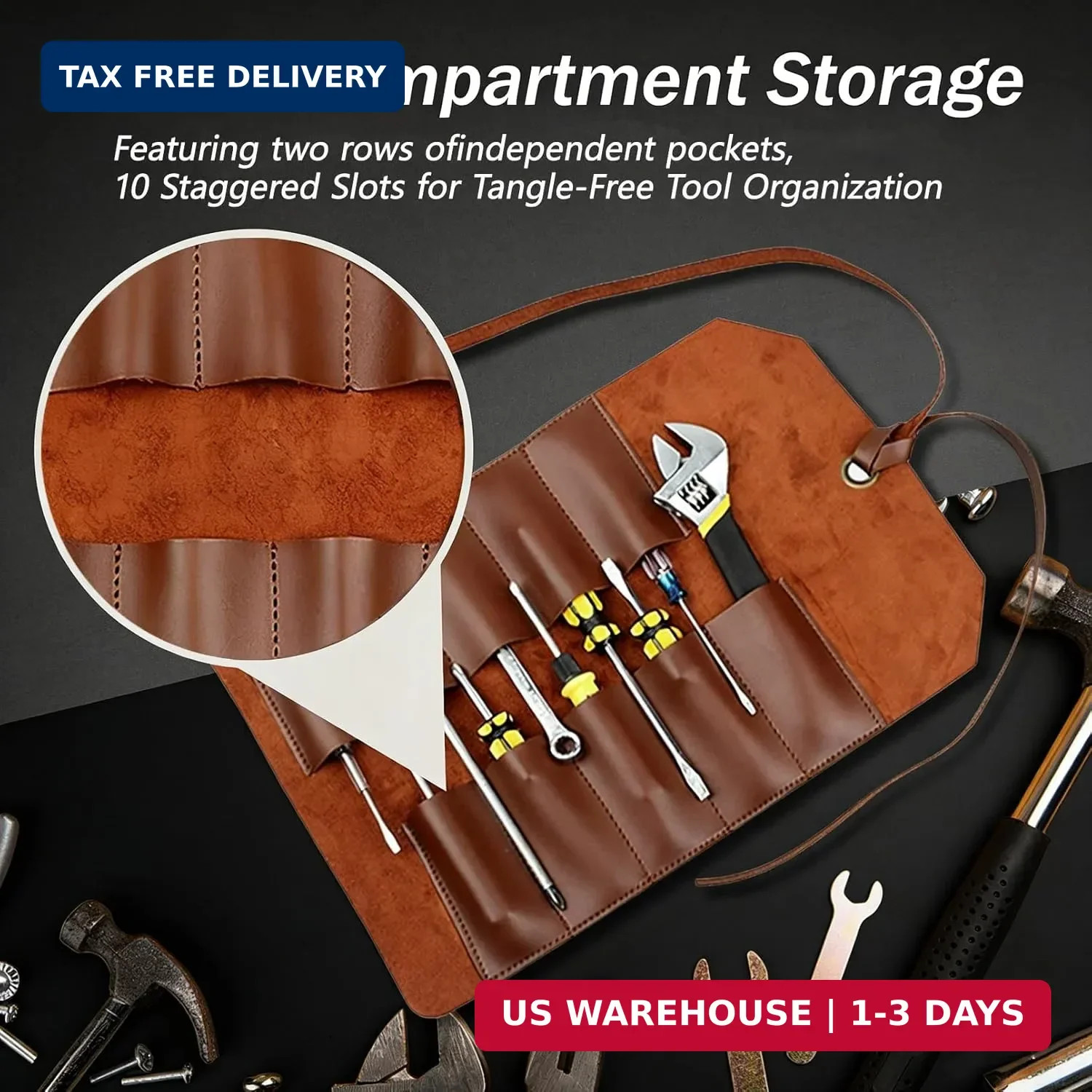 Tool Roll Pouch PU Leather Chisel Roll Portable Tool Roll Bag Organizer 10 Slots