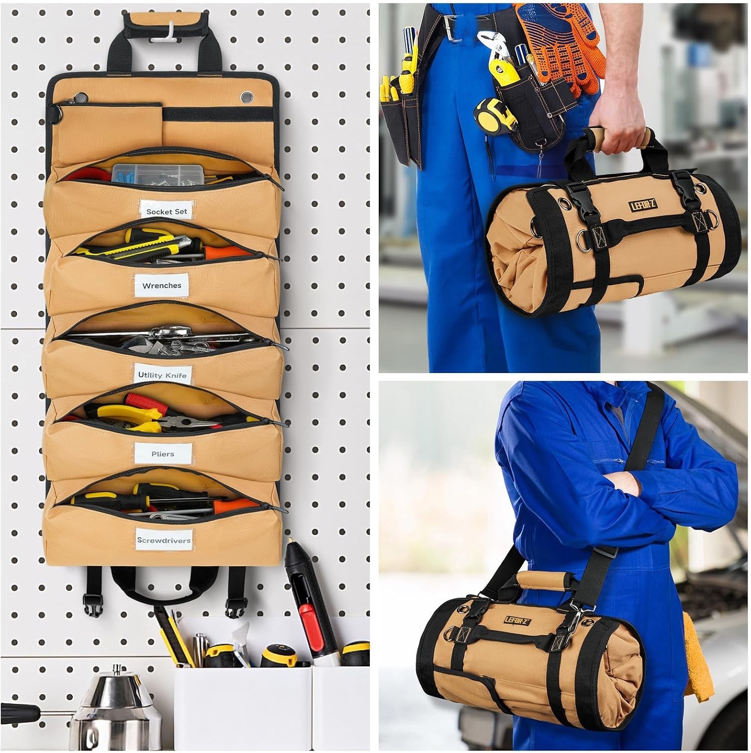 Roll Up Tool Bag with Reinforced Stitching and Scratch-Resistant Fabric