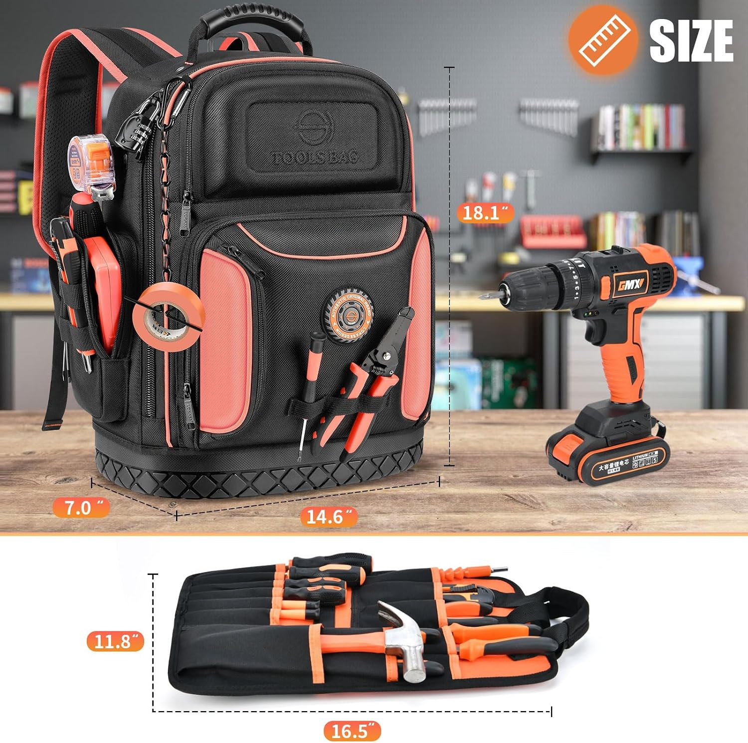 Tool Backpack Bag, Durable Electrician Backpack Tool Bag for HVAC with Waterproo