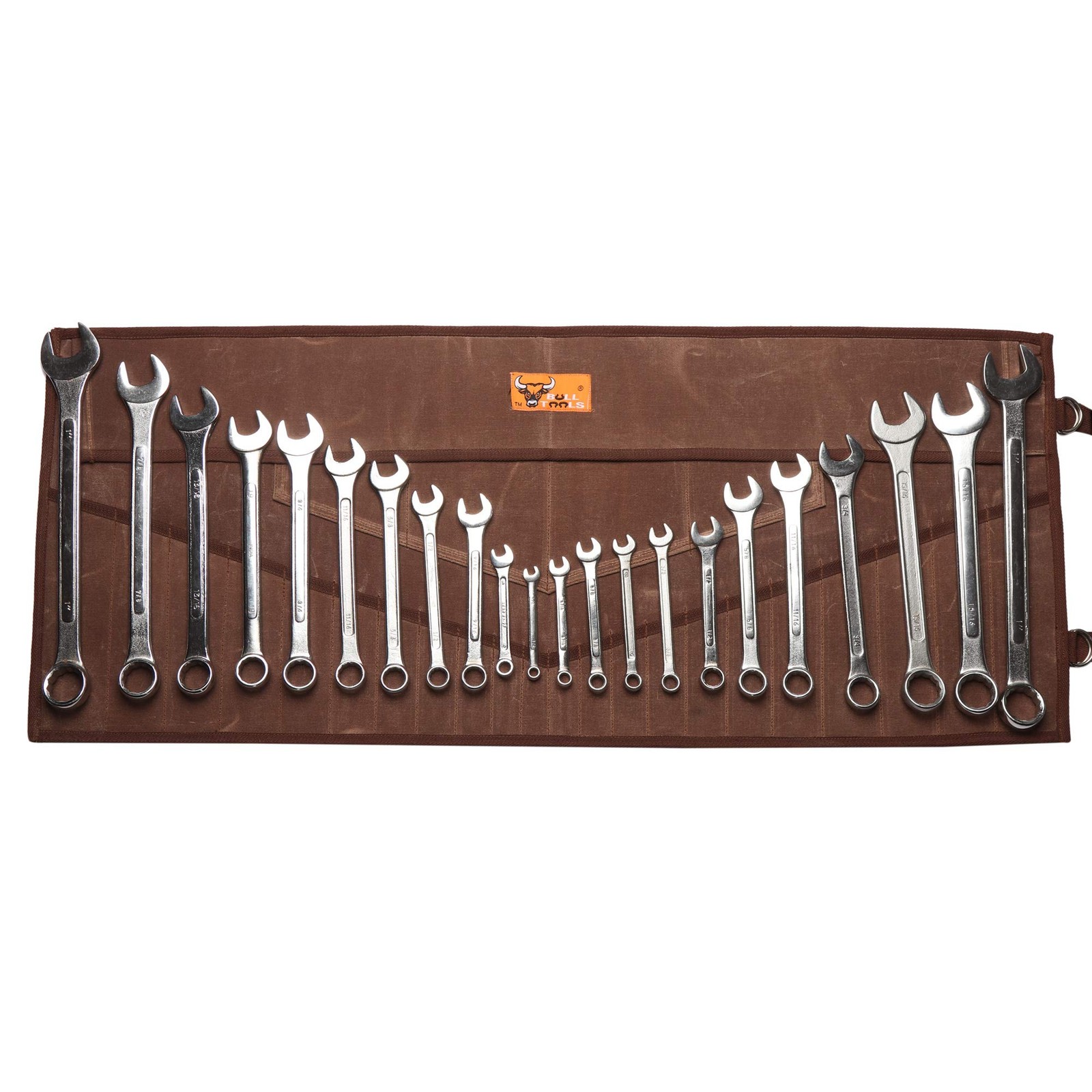 BULL TOOLS 26 Pocket Wrench Organizer Roll-Up Waxed Canvas, Cinnamon Brown