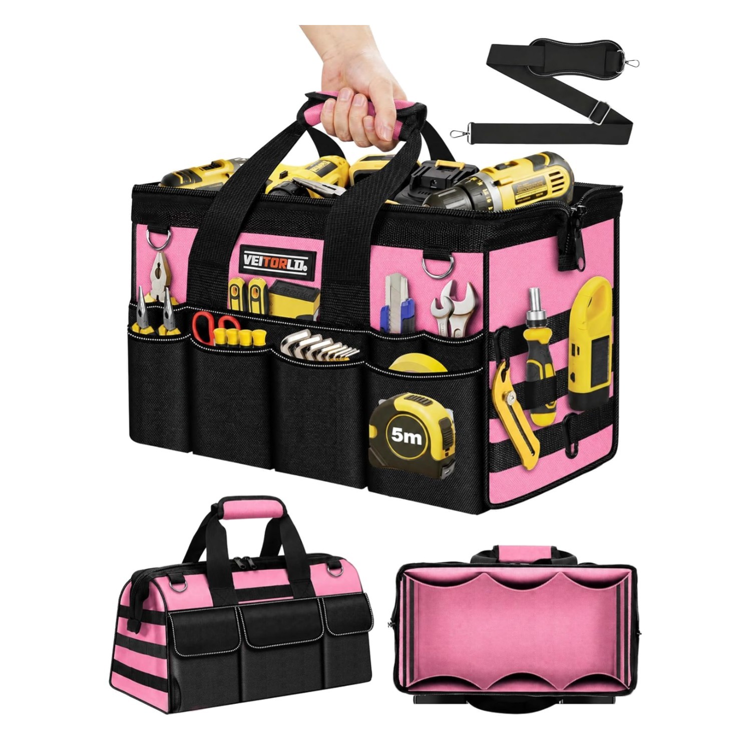 16-Inch Pink Tool Bag with 19 Pockets – Heavy-Duty Organizer for All Needs