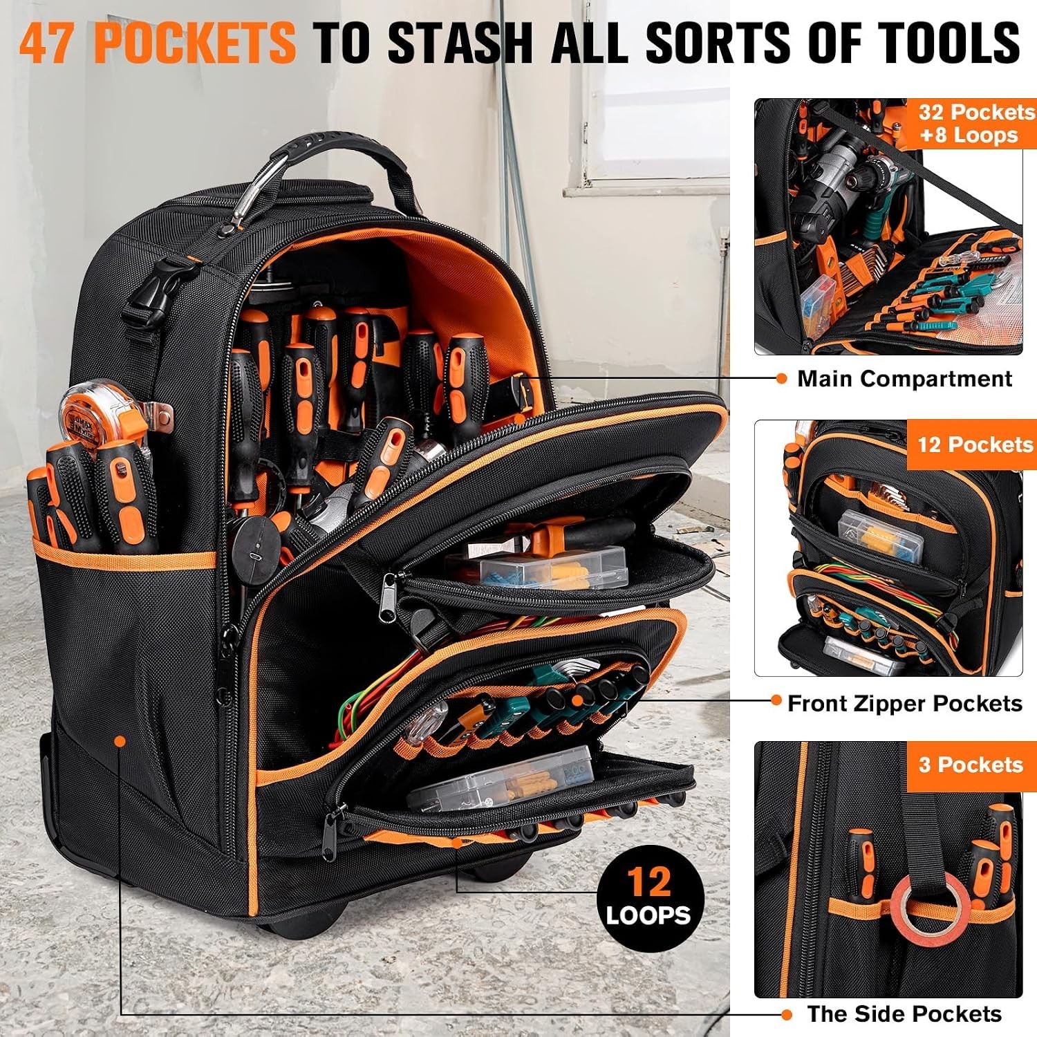 Heavy-Duty Rolling Tool Bag with 47 Pockets – Ideal for Electricians & Mechanics