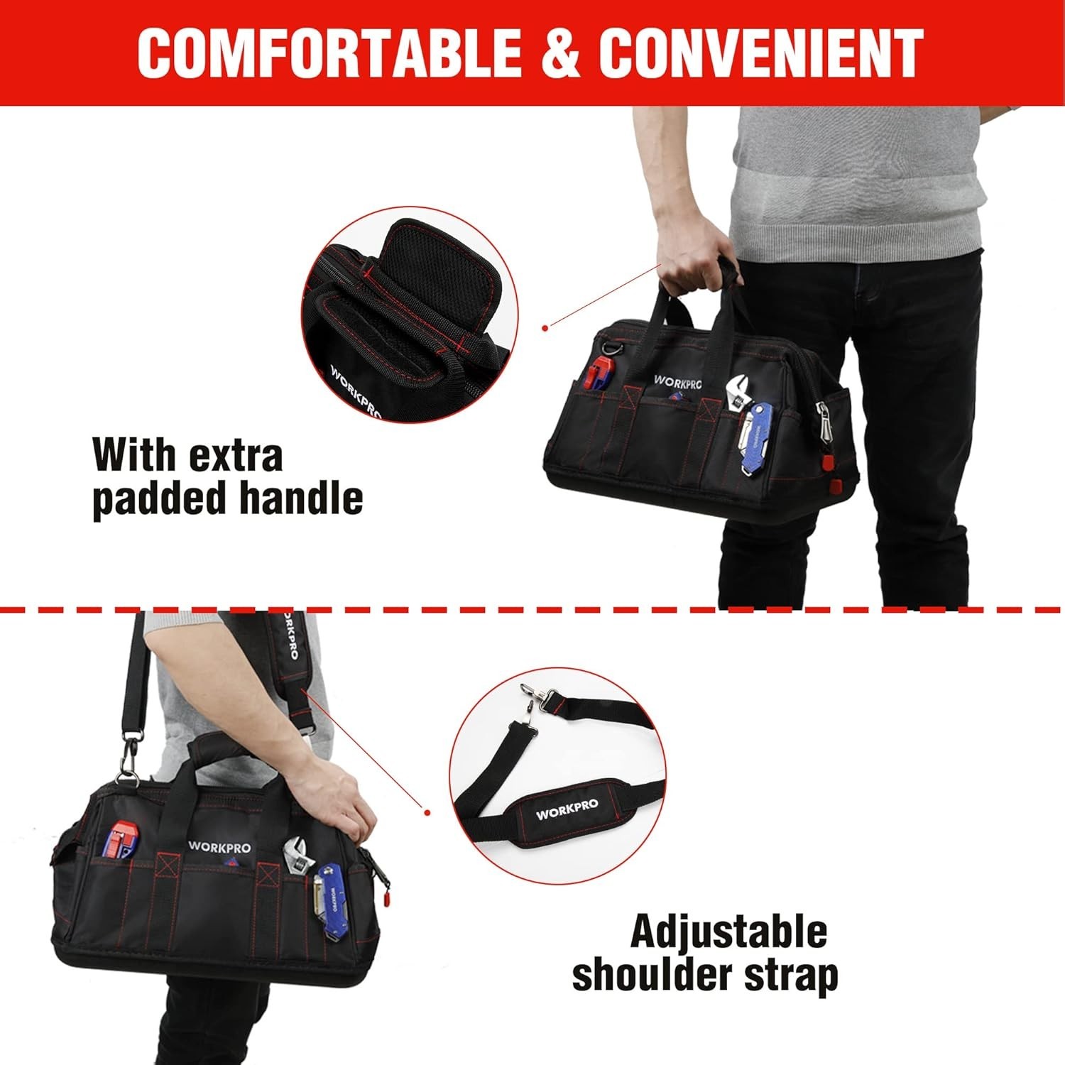 16-Inch Waterproof Tool Storage Bag with Wide Mouth Design for Organizing Tools