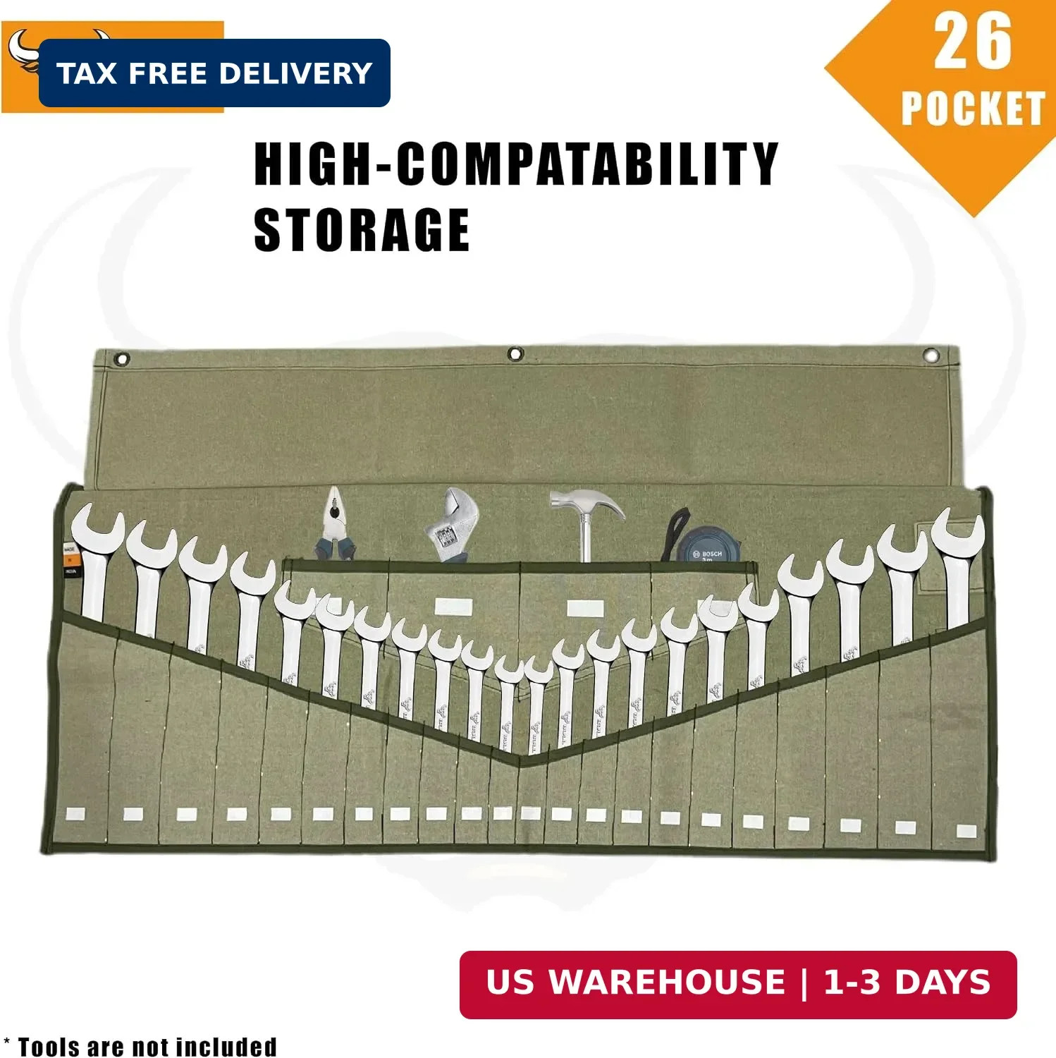 Wrench Roll, 26 Pocket Tool Pouch, Metric SAE Cotton Canvas Bag Organizer | Roll