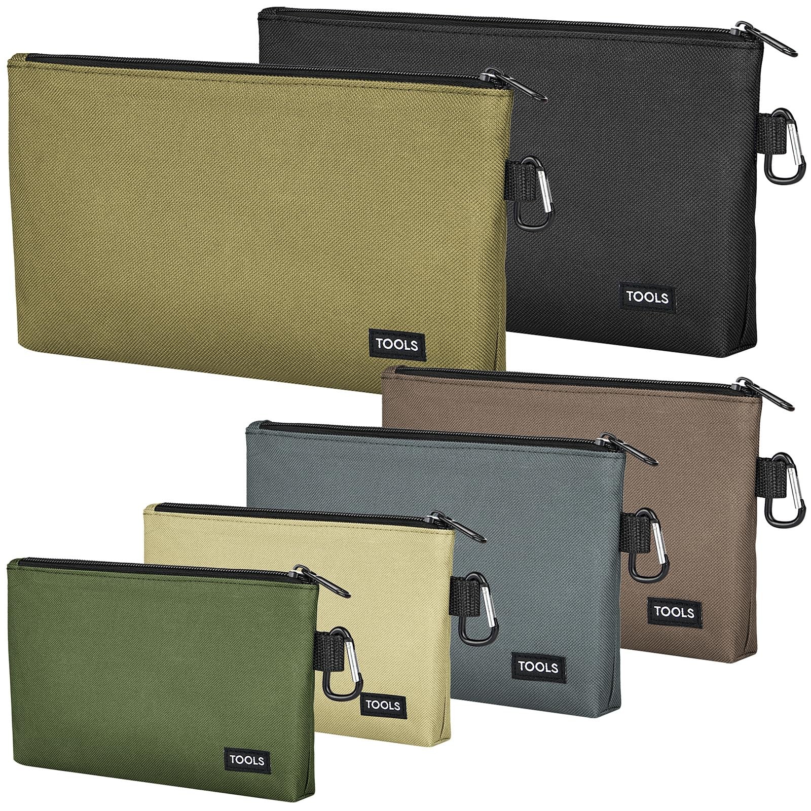 6 PCS Zipper Pouch Premium Tool Bag Utility Flat Bottom Storage Carabiner