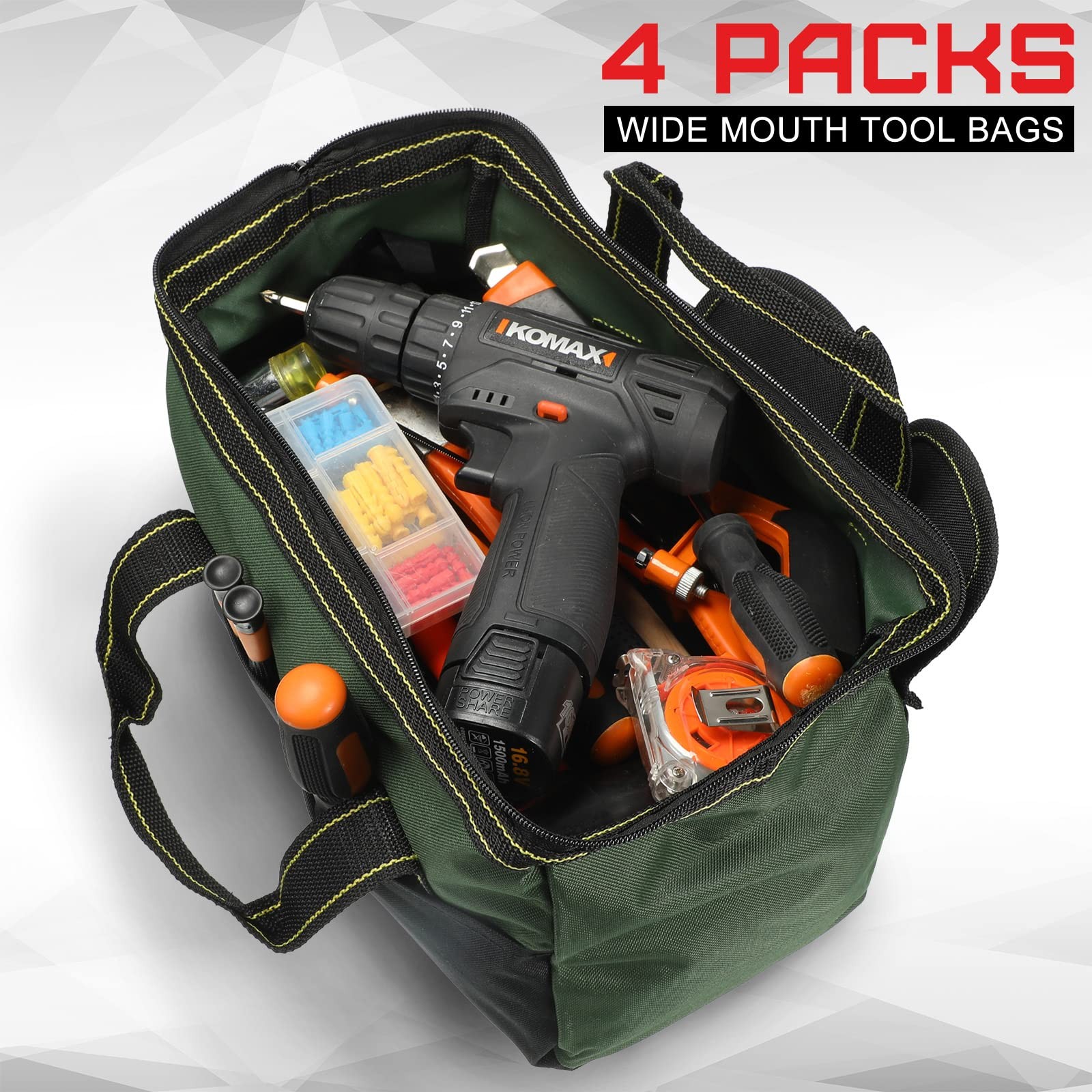 13 inch Waterproof Tool Bag 4 PCS Wide Mouth Multi-Pocket Storage Organizer