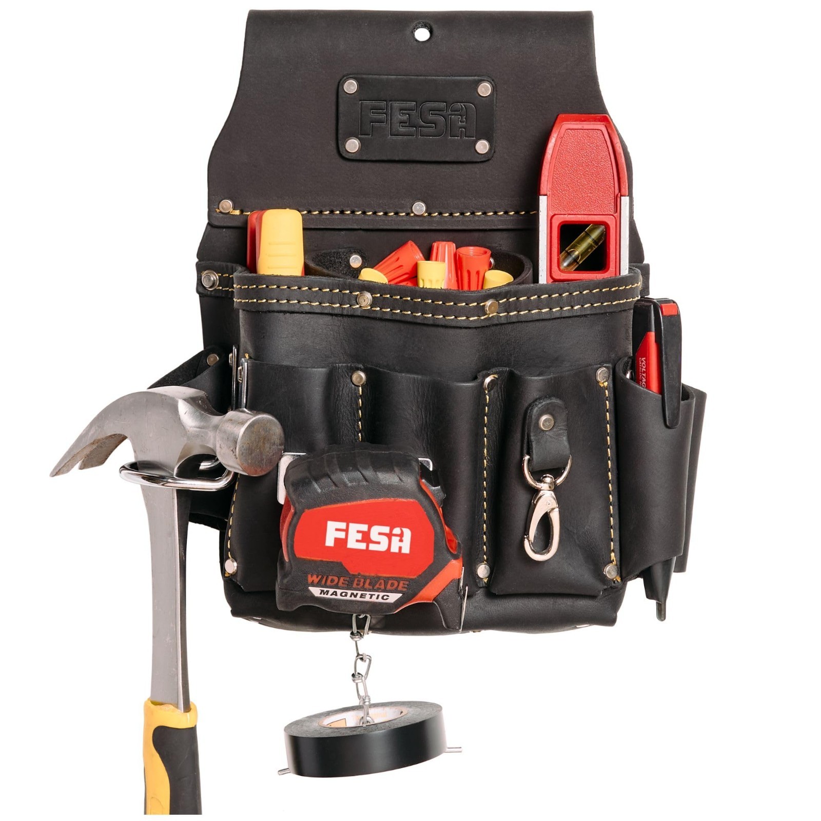 13-in-1 Leather Electrician Tool Pouch w/ Hammer Loop, Tape Measure Clip & 6 Poc