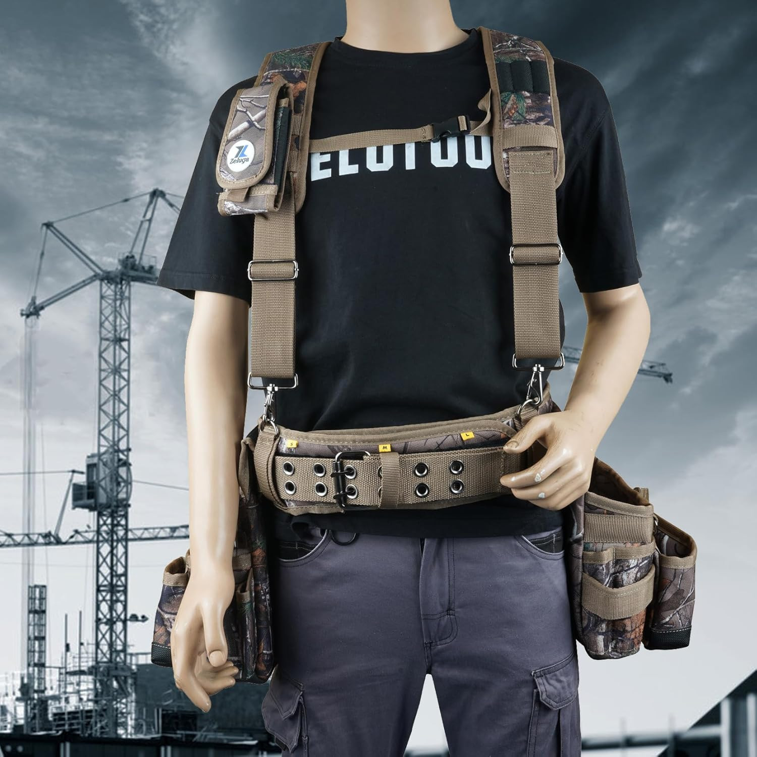 20-523 Large Pockets Tool Belts for Men with Suspenders, 4″ Padded Toolbelt, Ste