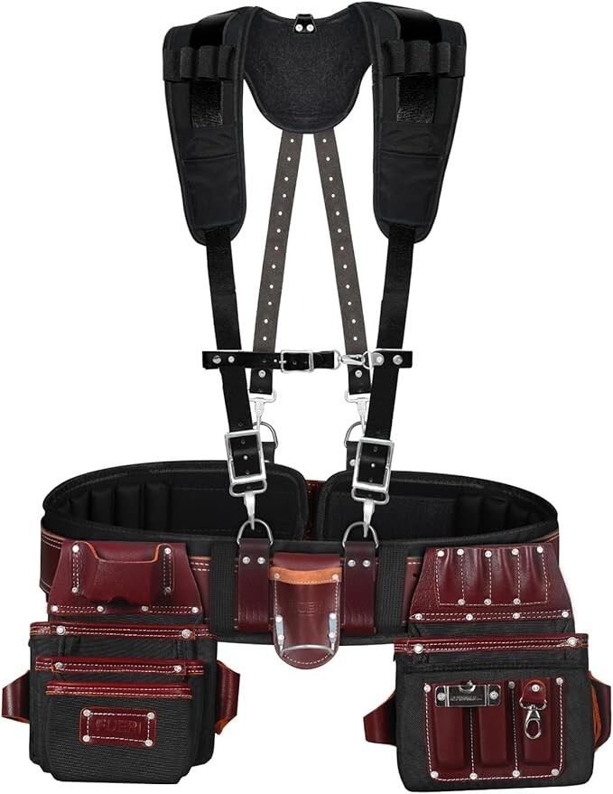 Fueri Tool belt Suspender for men nylon and leather 26 Pockets tool pouch Large