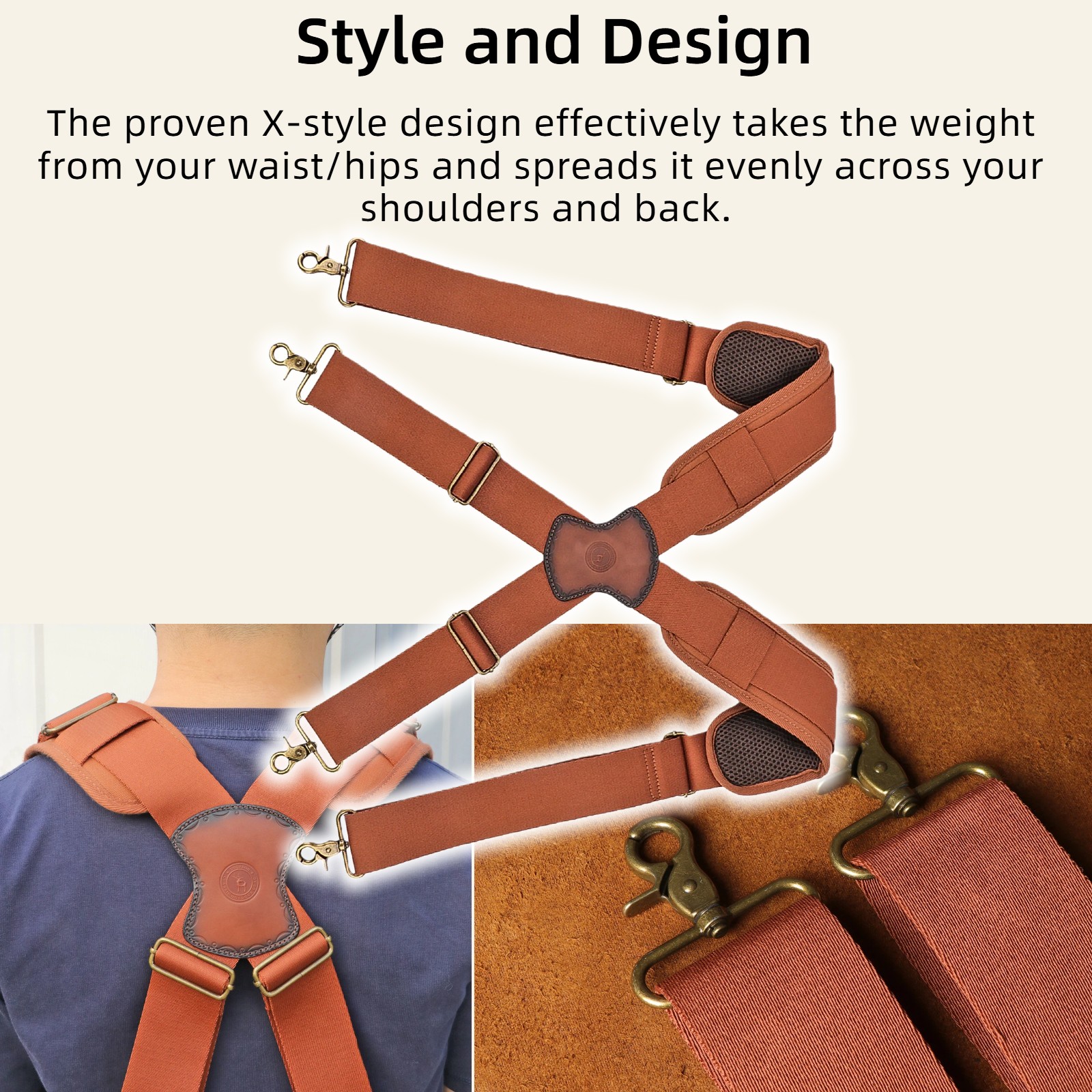 TOURBON Adjusted Tool Belt Suspenders- Leather Cross Patch-Padded Shoulder Strap