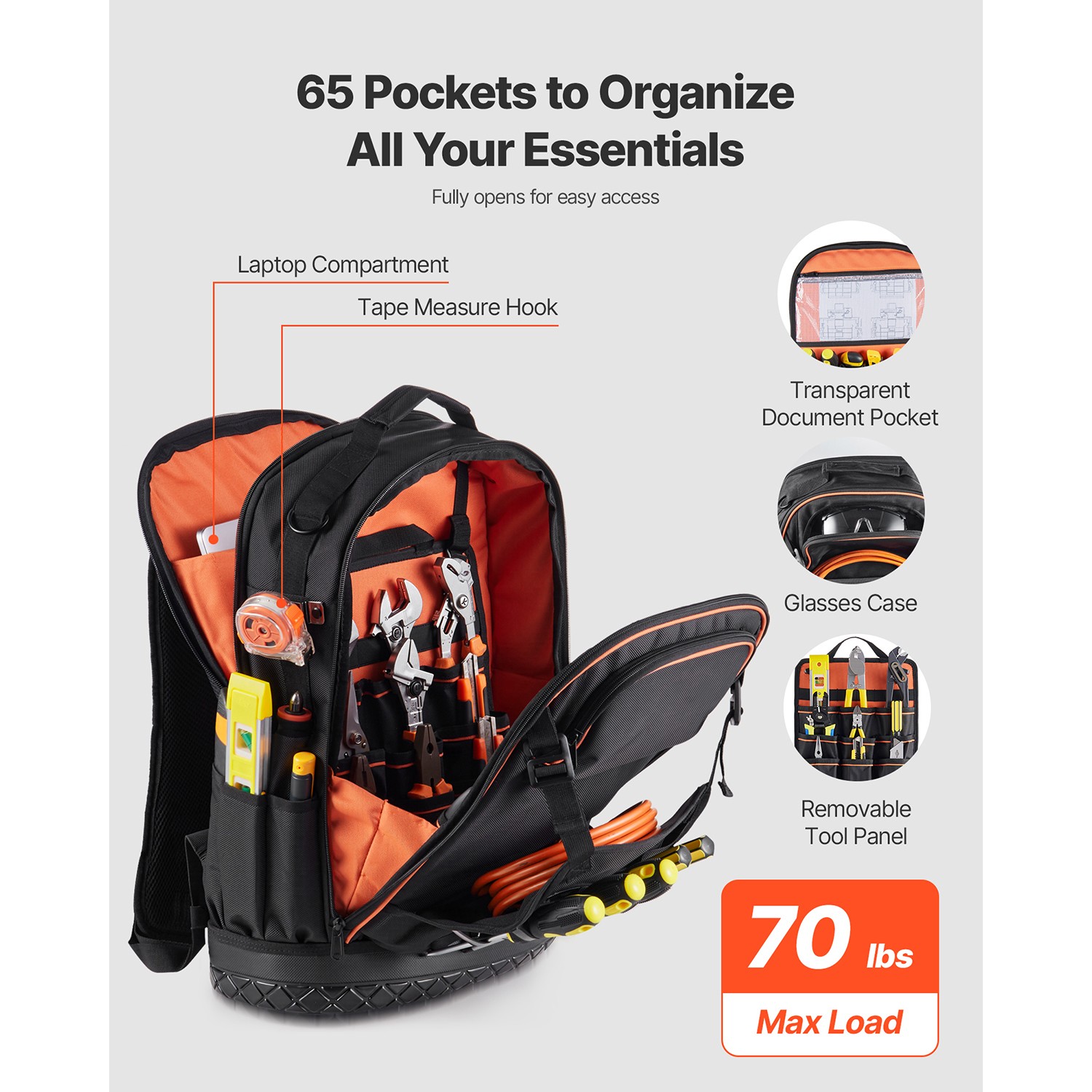 Uimoso Durable Tool Backpack with 65 Pockets for Jobsite Use