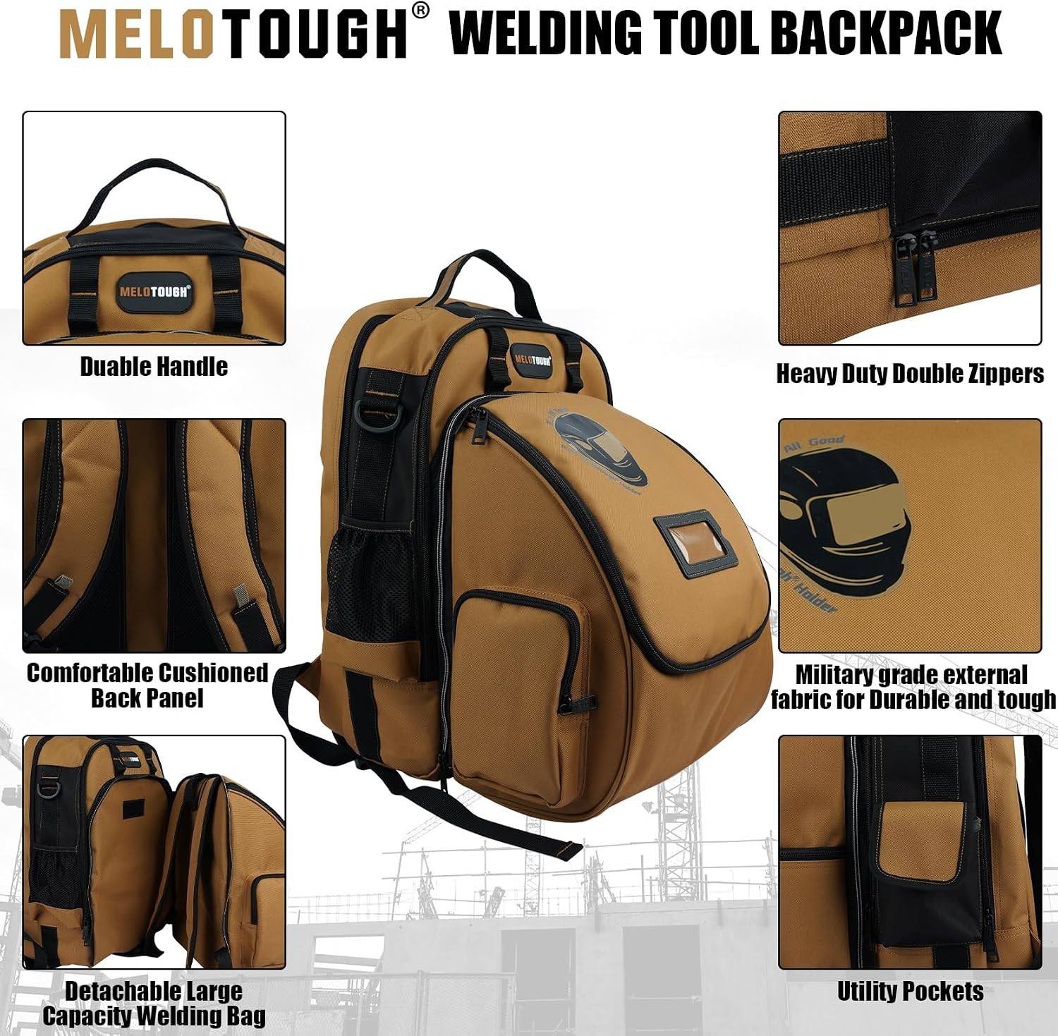 Military-Grade Welding Tool Backpack with Large Capacity Helmet Bag in Brown