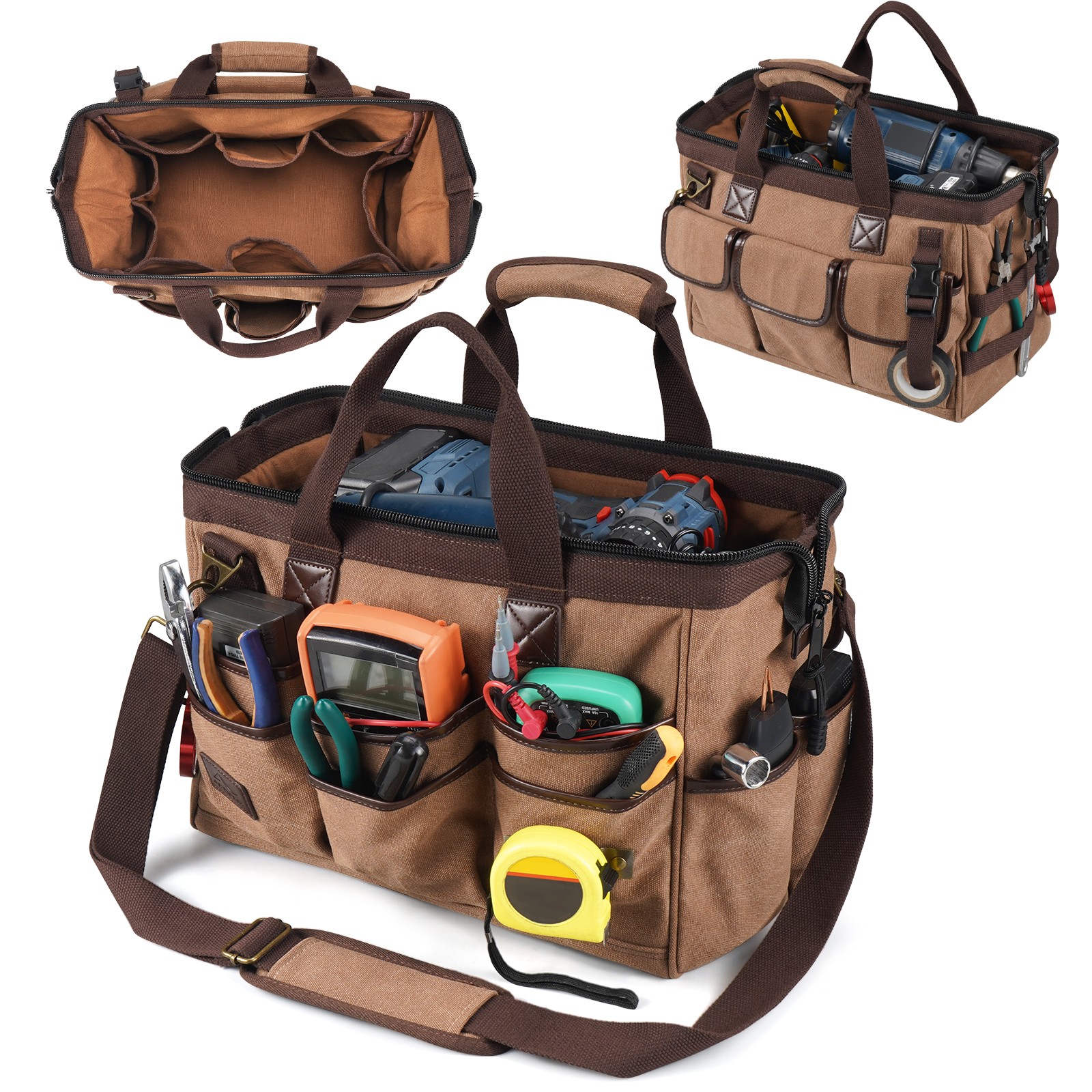ARCFOX Washed Canvas Electrician Tool Bag 21 Pockets Wide Mouth Tool Organizer