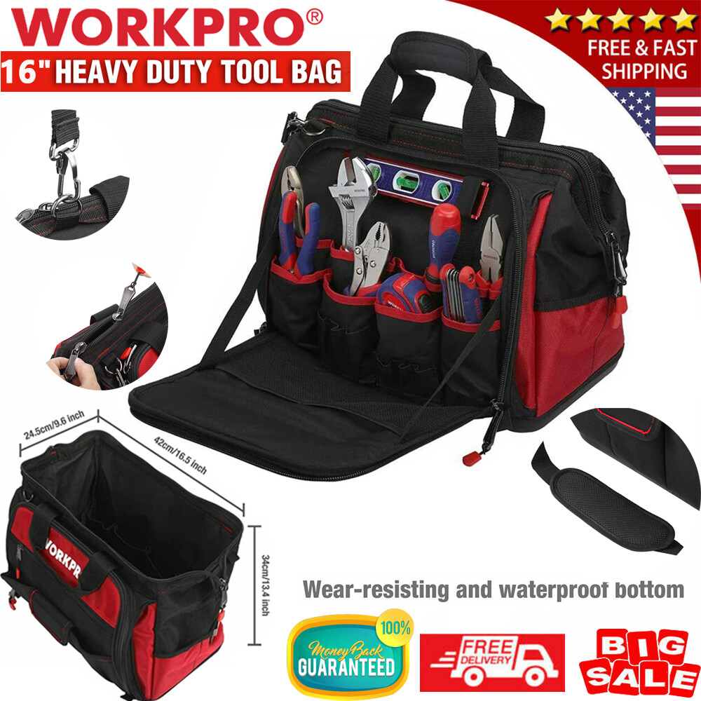 WORKPRO 16″ Wide Mouth Heavy Duty Tool Bag Tool Tote Storage 40Pocket Zipper Bag