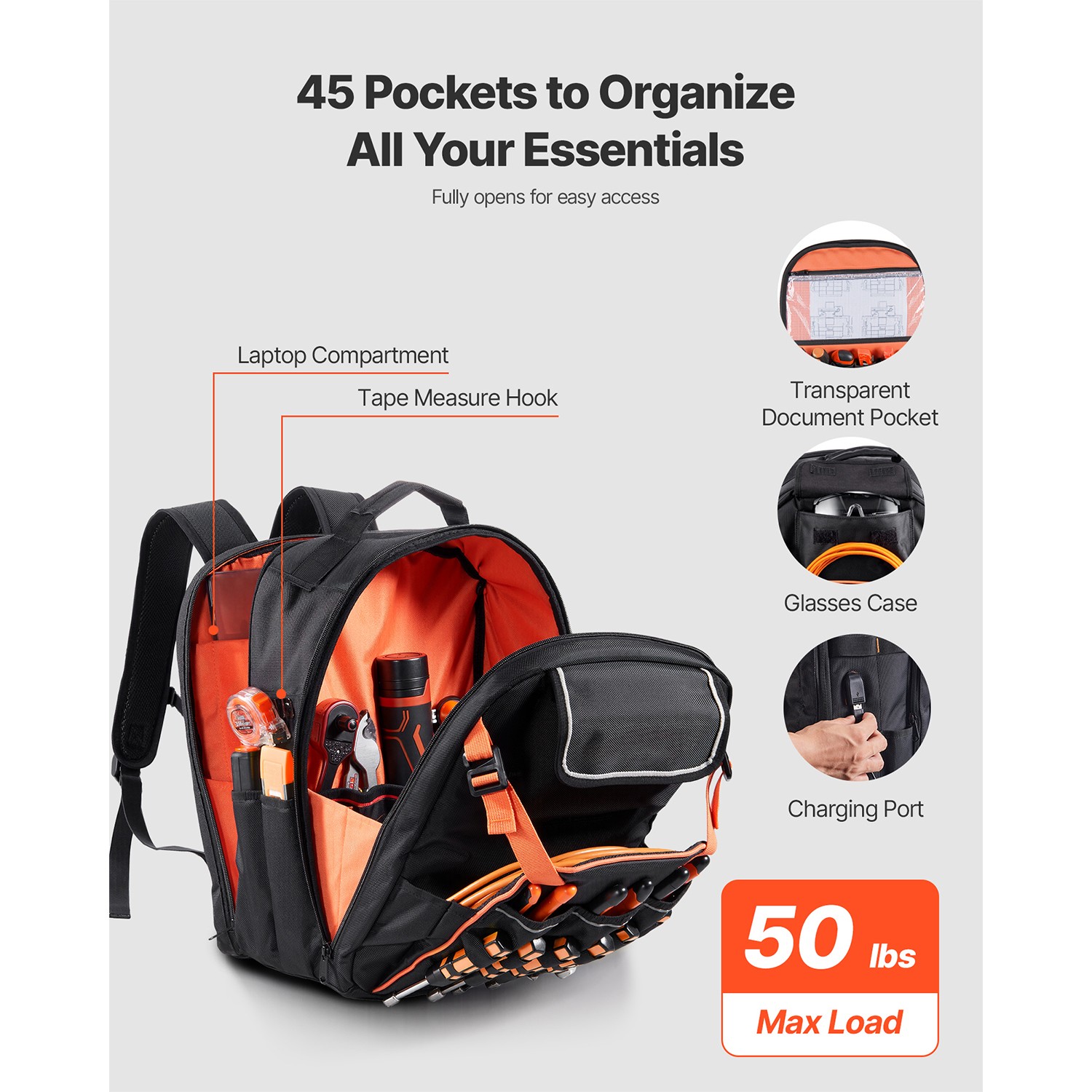 Uimoso Tool Backpack with 45 Pockets, Durable and Ideal for Electricians