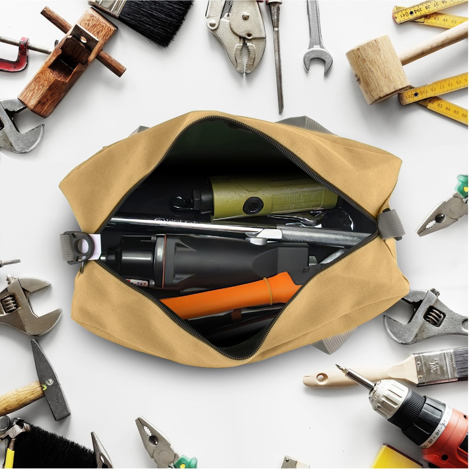 Small Tool Bag, Canvas Storage Large Capacity 13 Inch, khaki