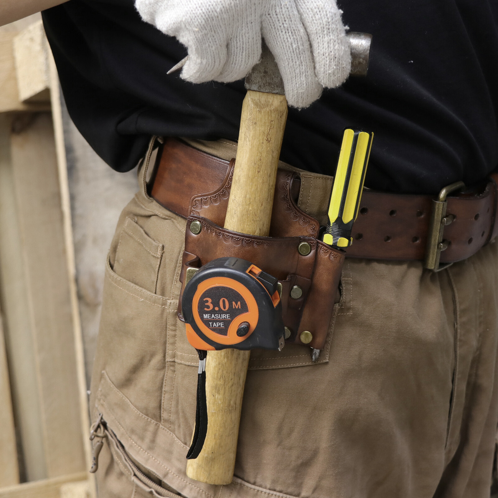 Leather Tool Belt Pouch 3-in-1 Hammer Holder Tape Measure Pencil Holster for EDC
