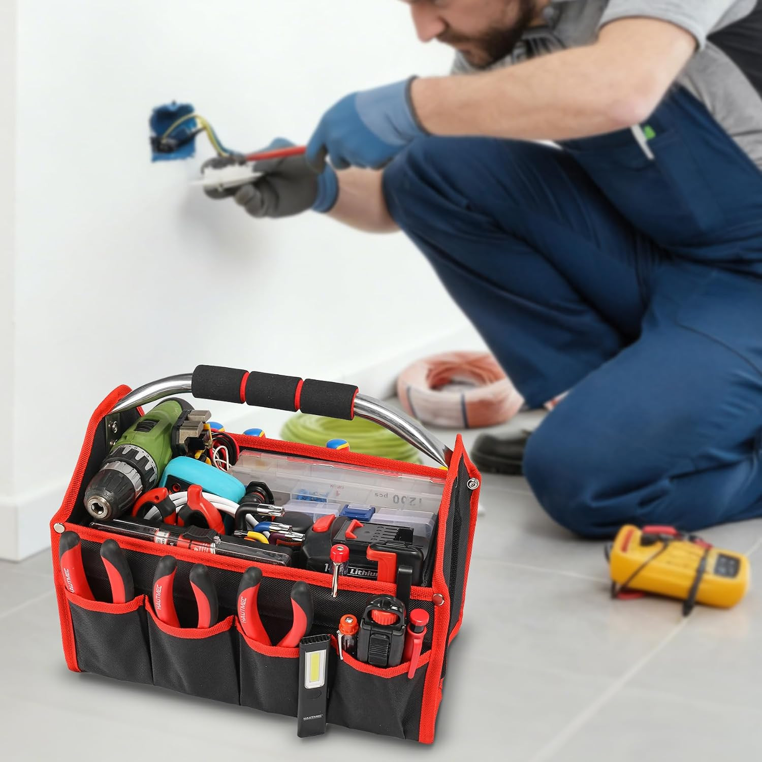 13 Inch Tool Bag, Foldable Open Top Tool Bag with Stiff Frame