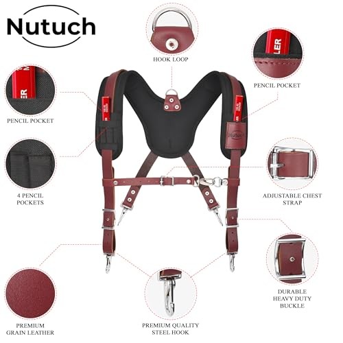 Leather Work Suspenders With Pockets Adjustable Padded