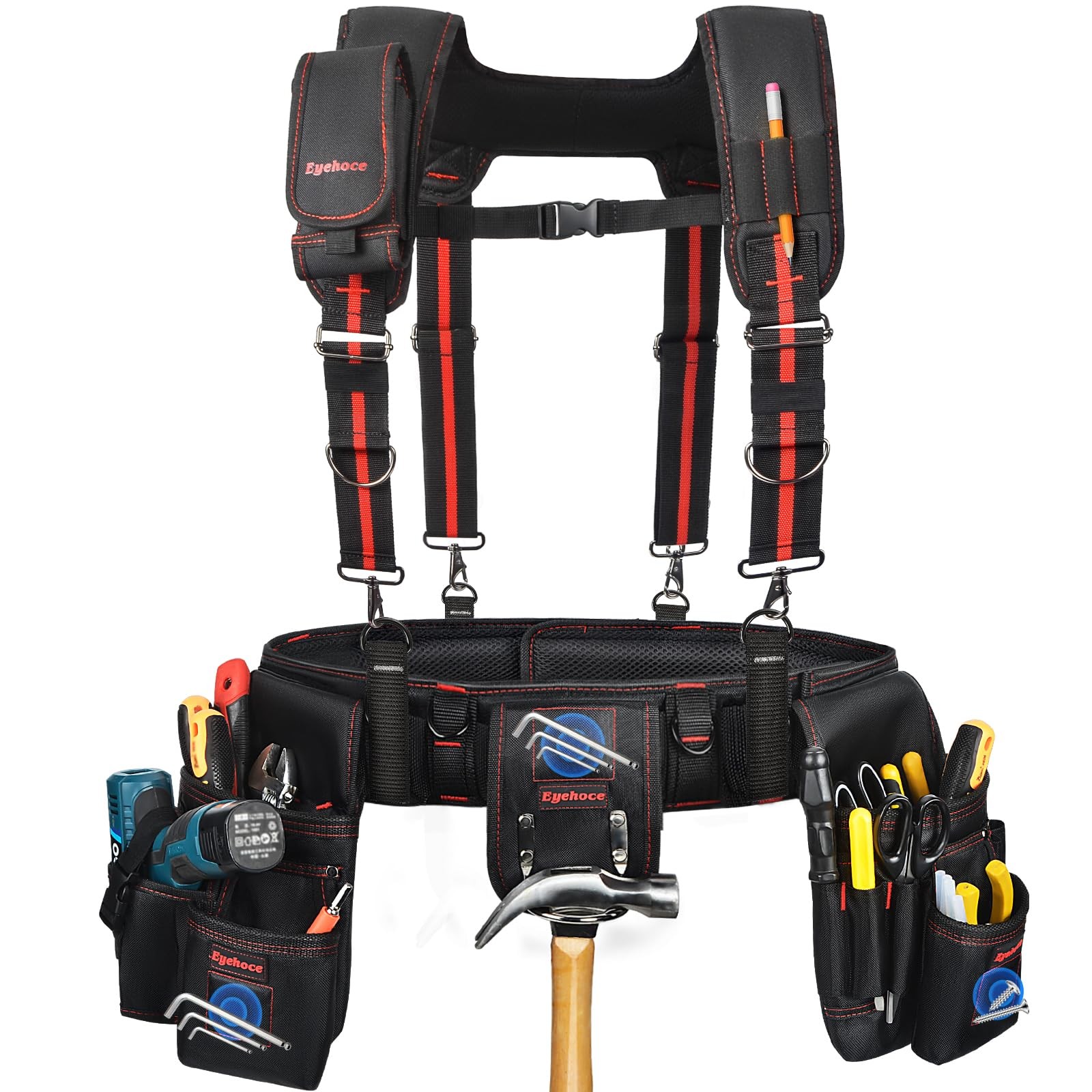 Heavy Duty Tool Belt with Padded Suspenders – Adjustable Multi-Pouch Rig