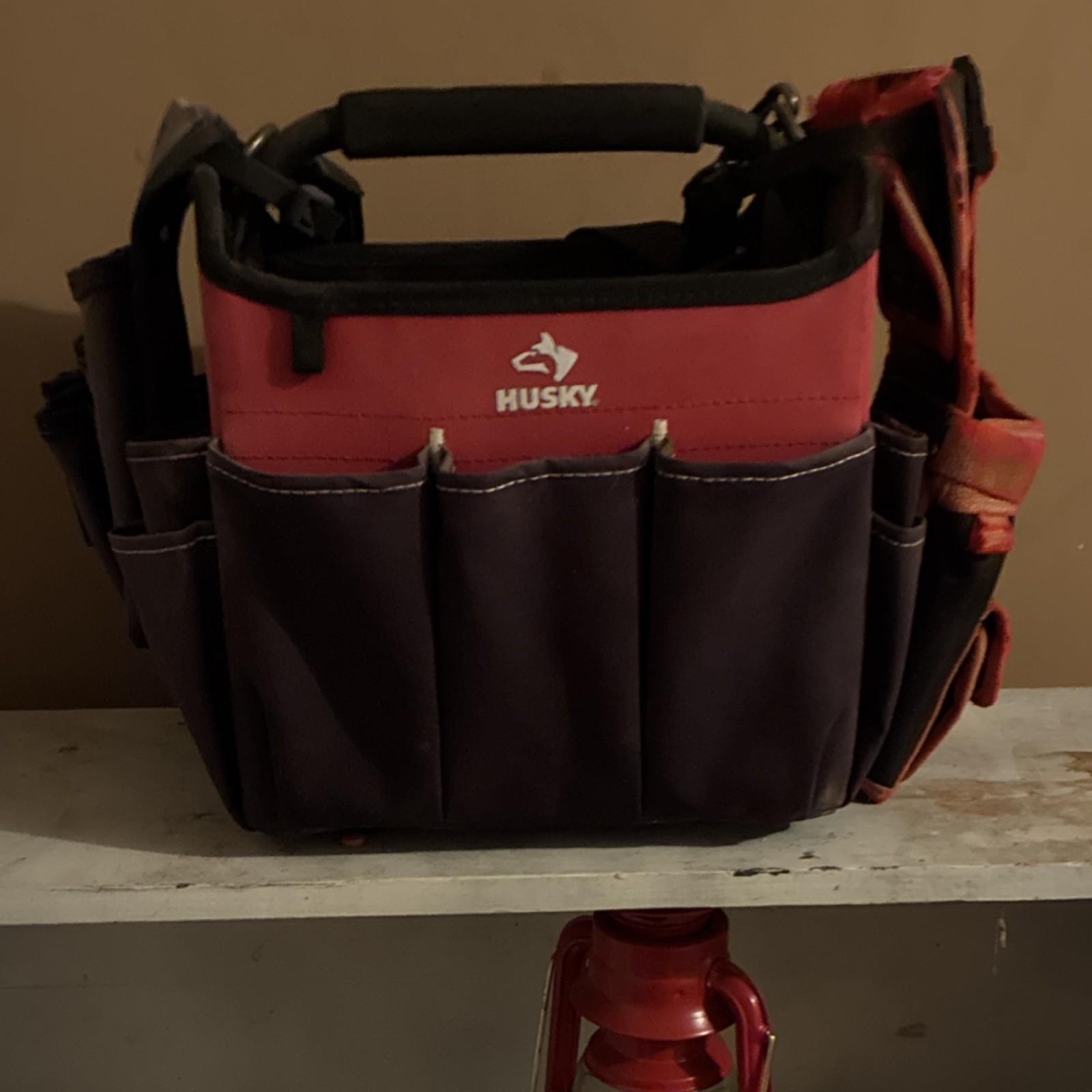 Husky Black and Red Fabric Tool Bag with Handle and Multiple Pockets