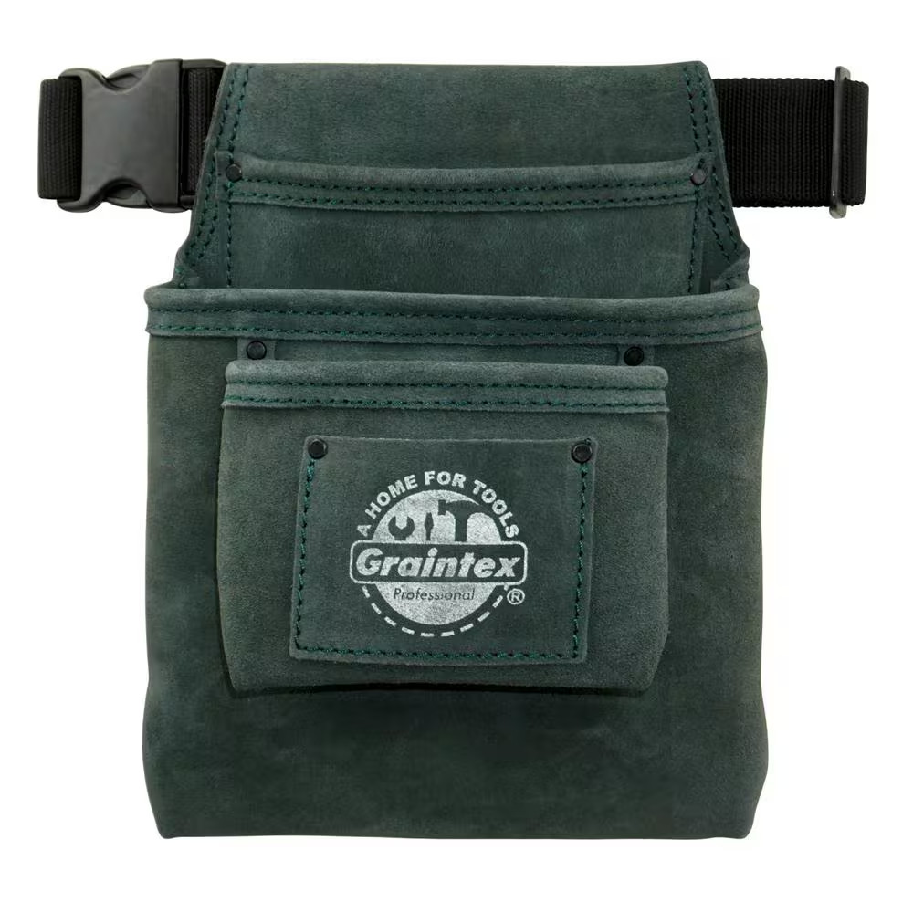 3-Pocket Hunter Green Suede Leather Nail and Tool Pouch W/Belt