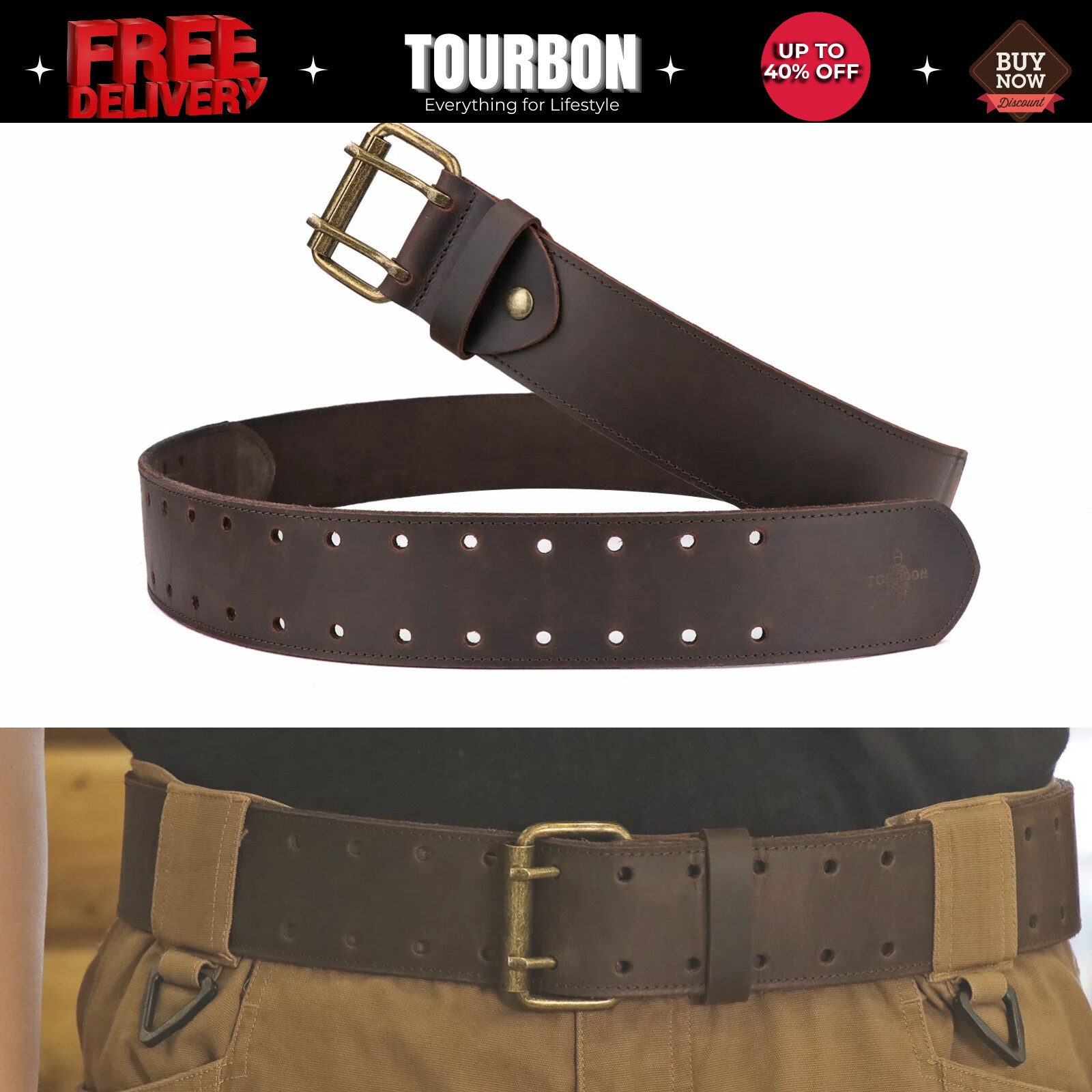TOURBON Leather Tool Carry Holster Construction Tools Belt Ranger Work Rig Belt