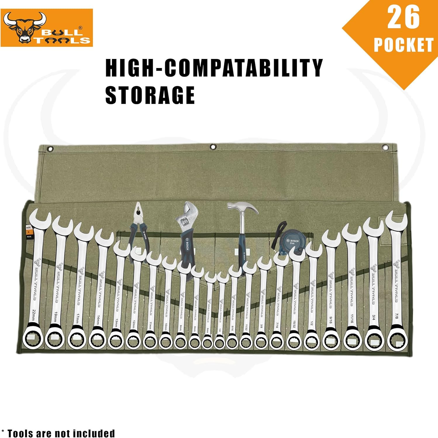 Wrench Roll, 26 Pocket Tool Pouch, Tool Bag Wrench Organizer Metric & SAE Combin