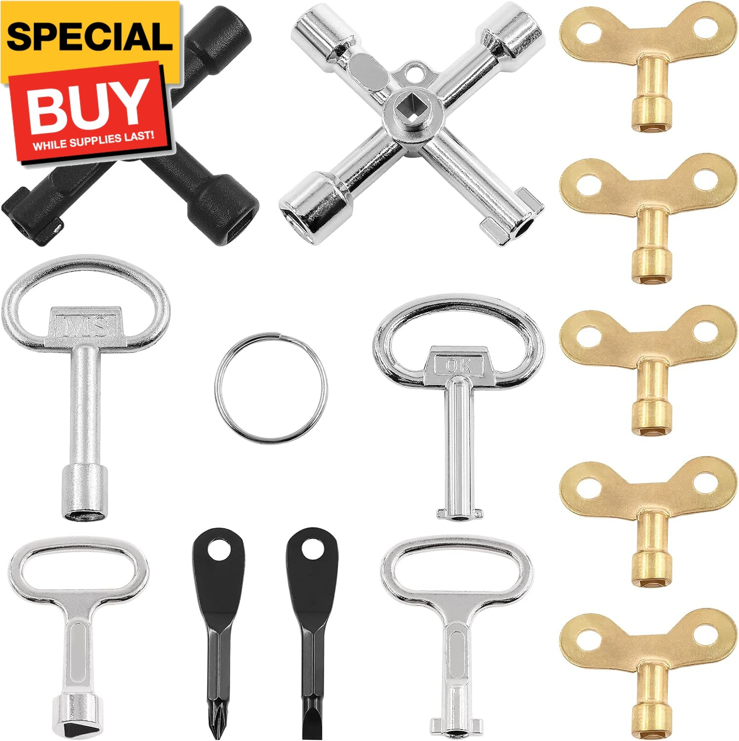 13 Pcs Utility Keys Kit Plumbers Key Tool Set 4 Way Service Cross Key, Triangle