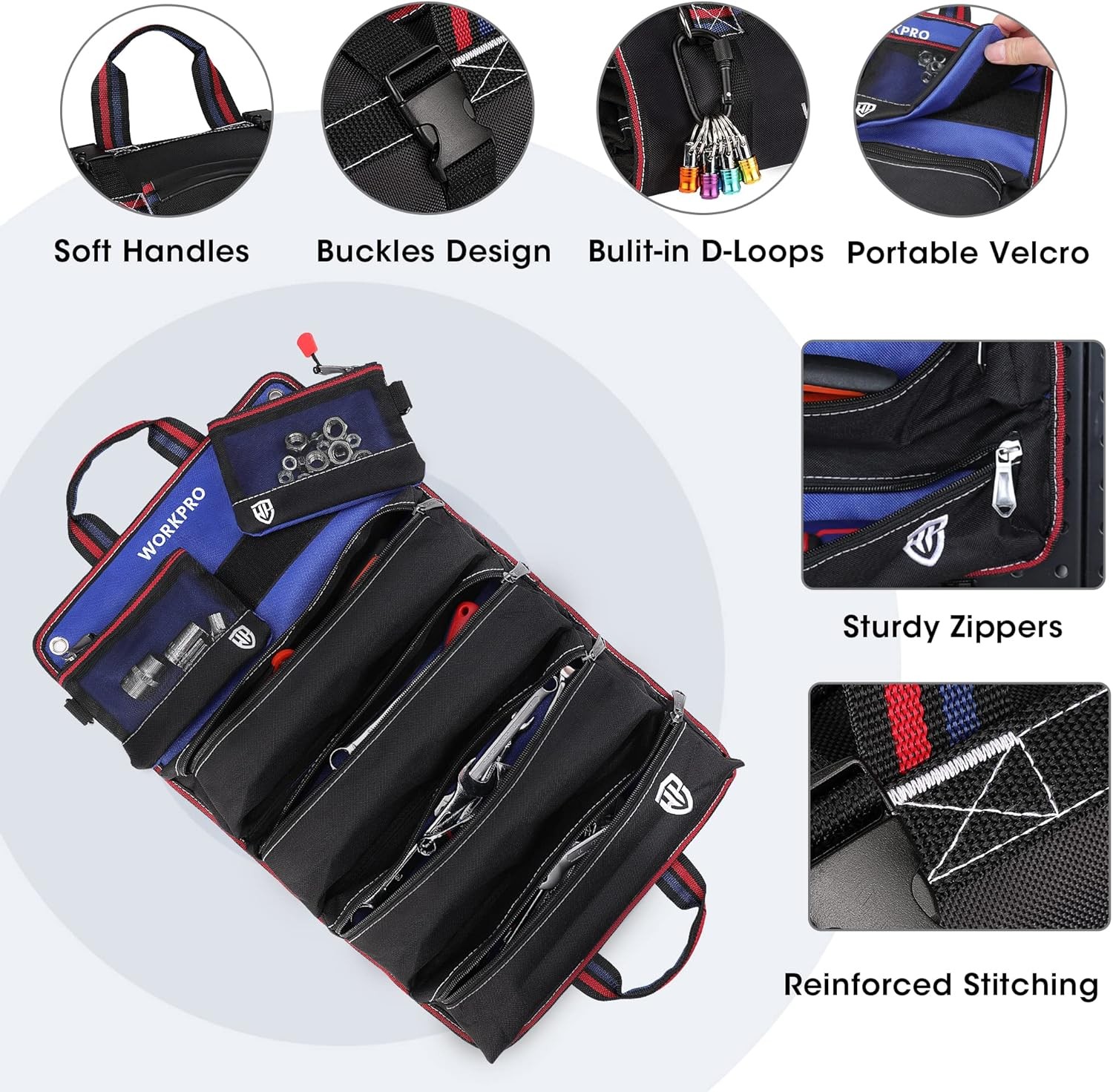 WORKPRO Heavy Duty Roll Up Tool Bag Tool Organize Detachable Pouches w/6 Pockets