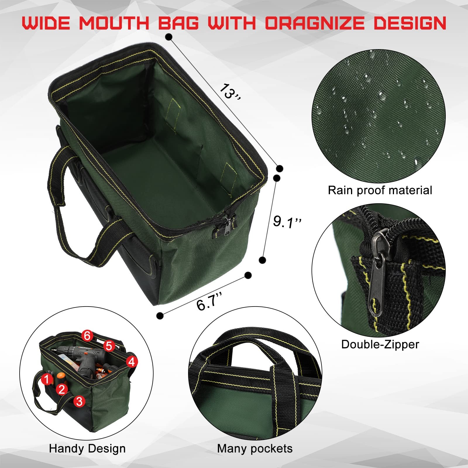 13 inch Waterproof Tool Bag 4 PCS Wide Mouth Multi-Pocket Storage Organizer