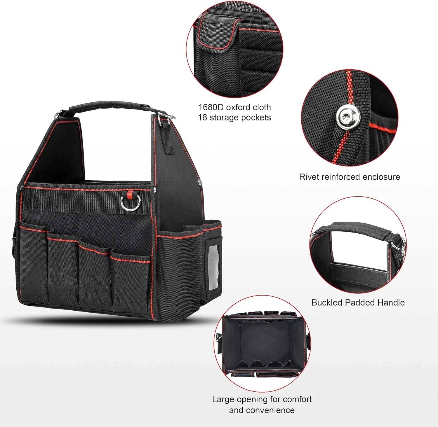 Tool Tote Pro Electrician Tool Bag 18-Pockets Open Top Tool Bag W/ Removable
